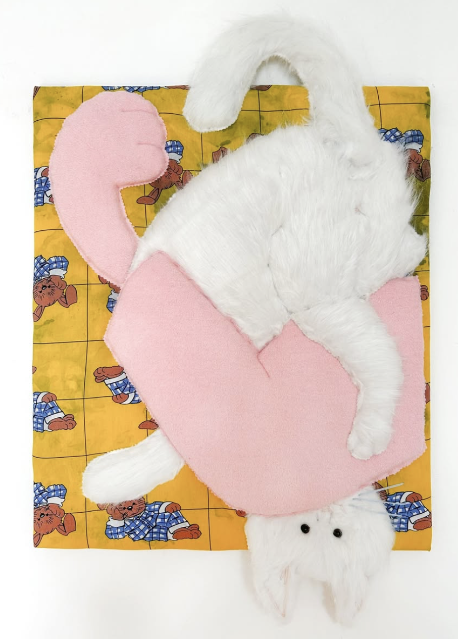 Hang in there 2024 
plush/mohair/cotton/tie dye/doll eyes/dadding/upholstery foam/wool/ yarn/ canvas/ stretcher
85x55,5cm