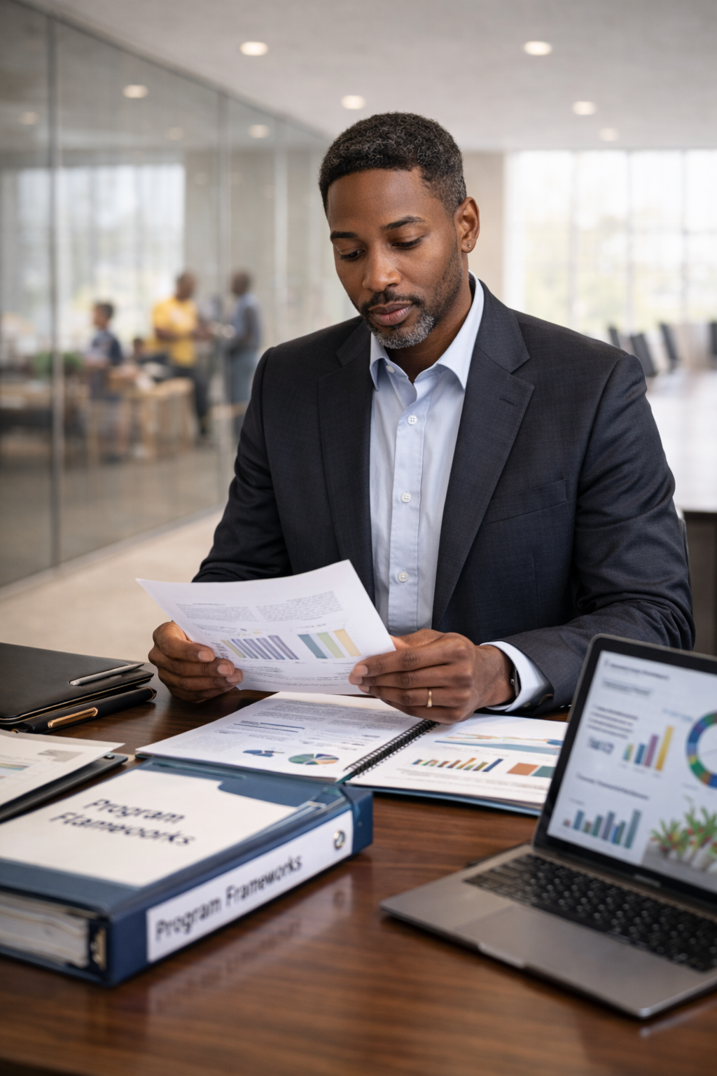 Professionals analyzing charts and documents at a desk in a business setting