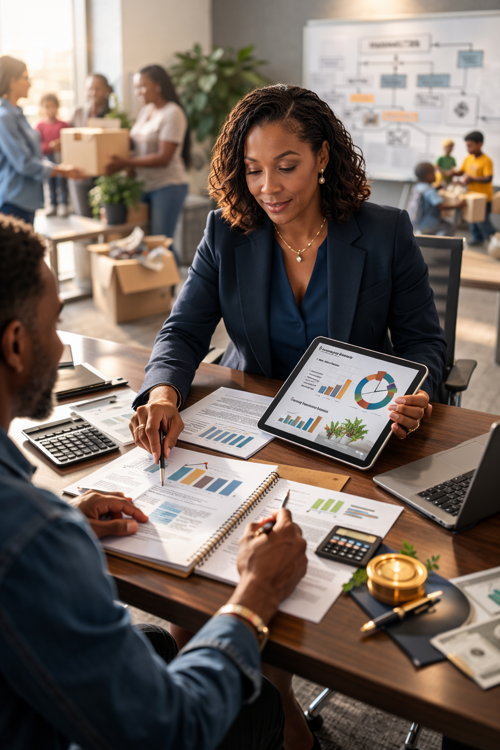 Professionals reviewing data and reports, representing impact measurement, accountability, and outcome tracking through the 2Wanda Community Foundation