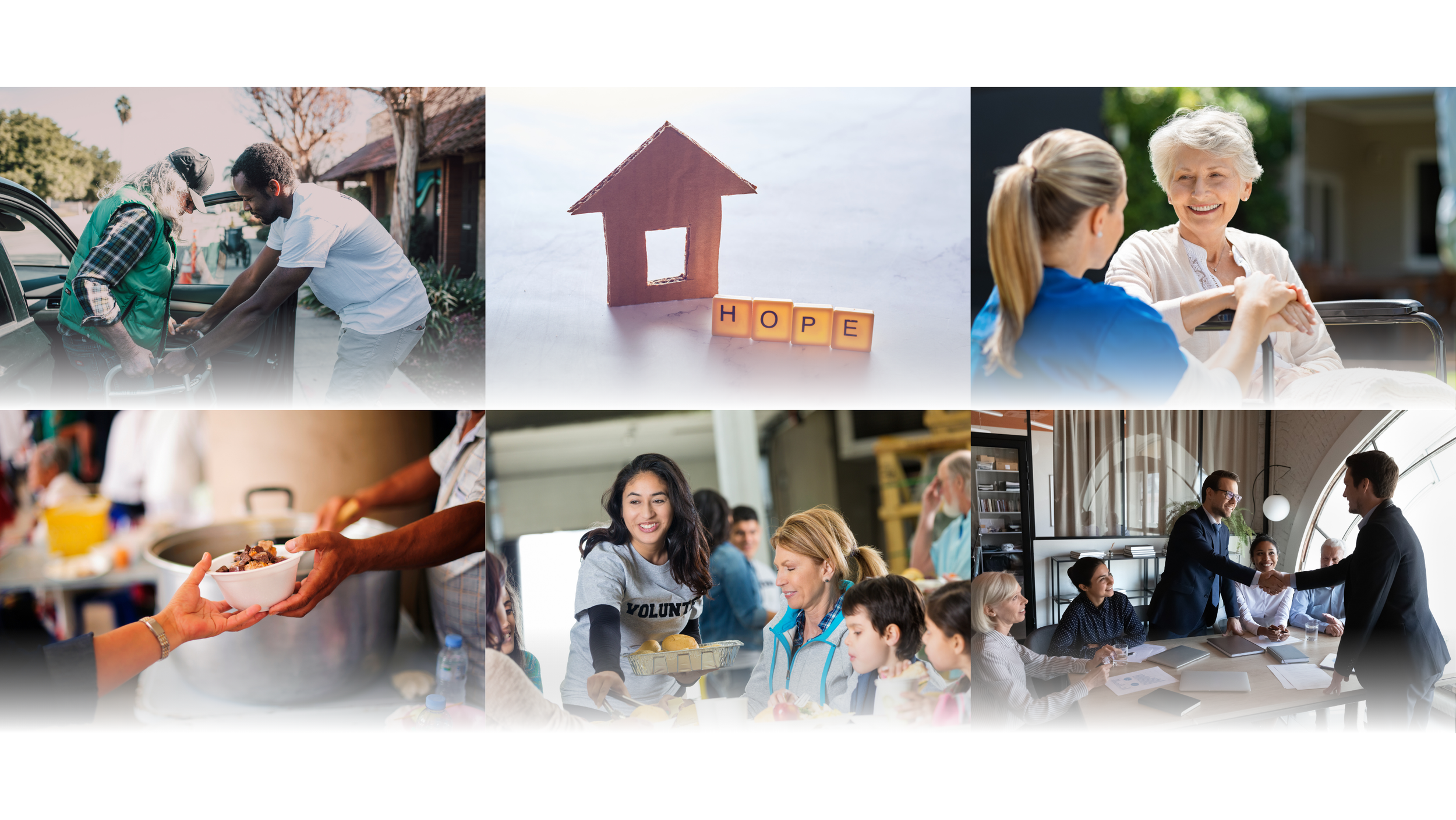 Collage representing community support, housing stability, caregiving, volunteering, and partnerships through the 2Wanda Community Foundation