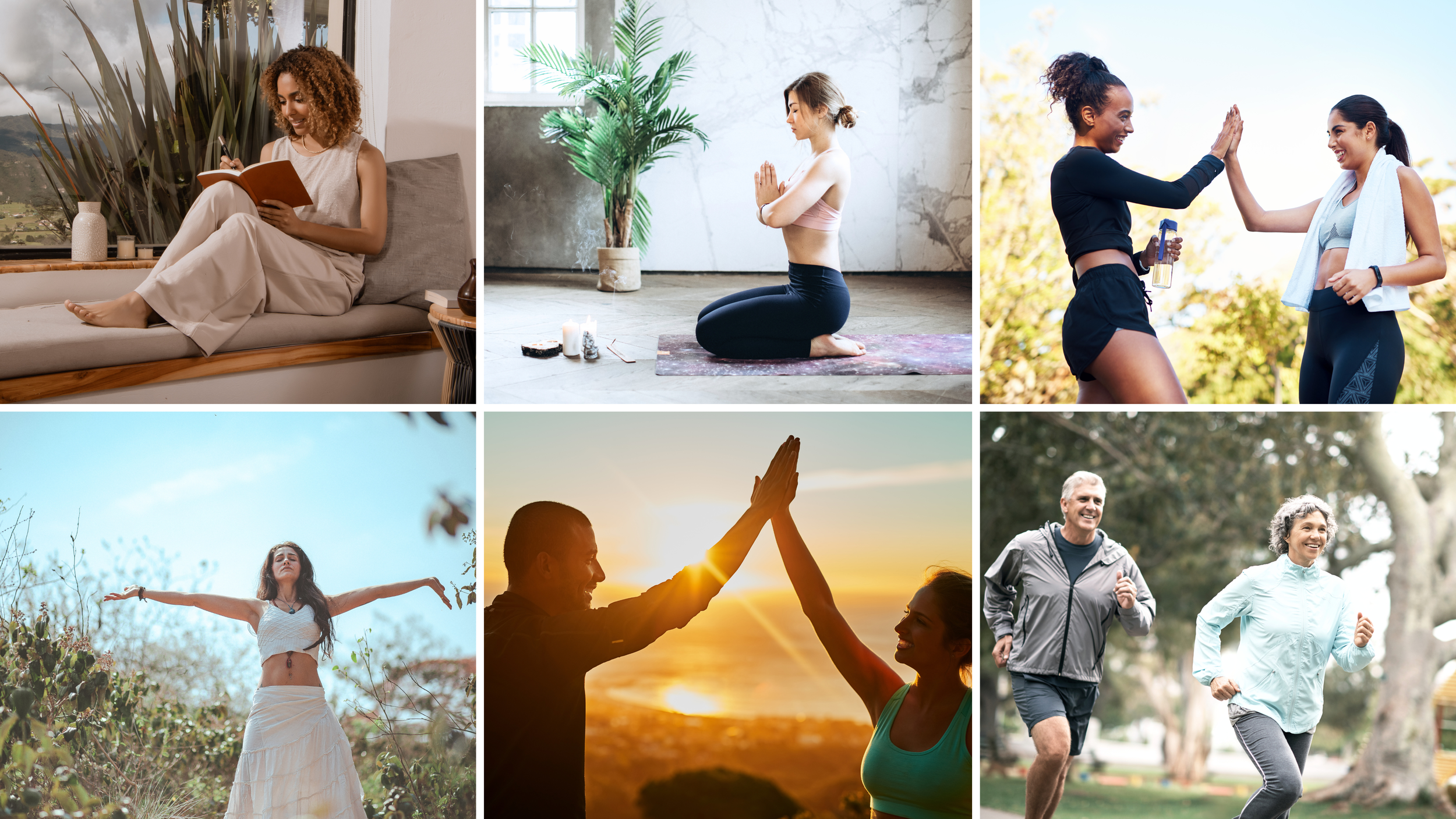 Collage representing wellness practices, mindfulness, physical activity, and family stability through the 2Wanda Community Foundation Wellness Program