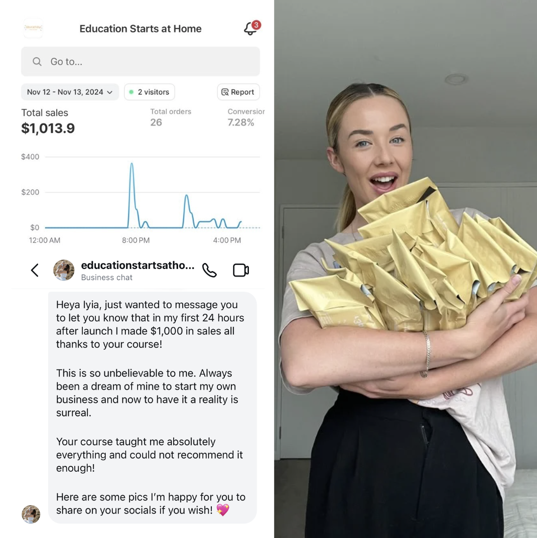 A woman smiling and holding a large pile of yellow packages or envelopes, standing in a room with a plain ceiling and wall in the background.