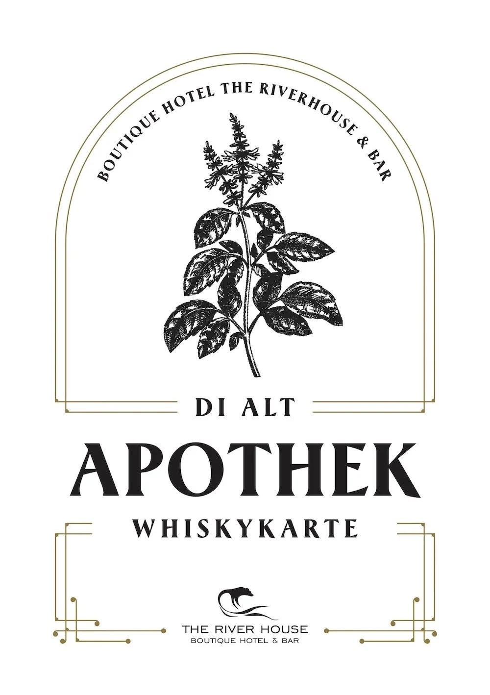 Etikett für eine Boutique-Hotel- und Bar mit einer Illustration eines Kräuterzweigs, beschreibt eine Whiskykarte in Deutsch.