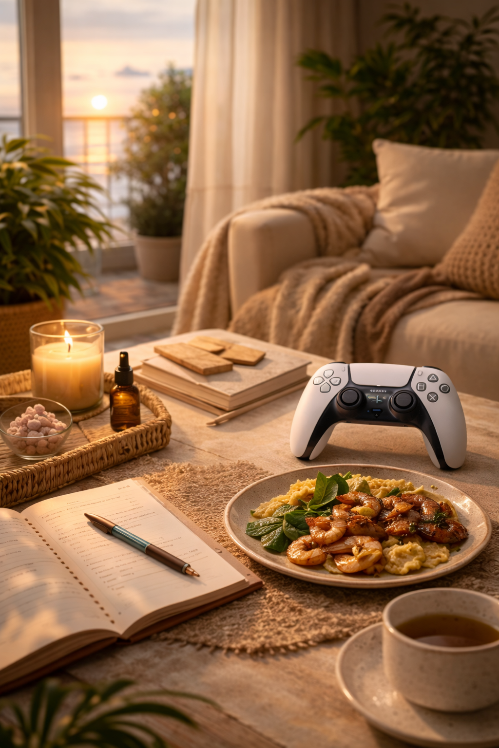 Cozy living room with a sunset view, featuring a coffee table with a plate of shrimp and mashed potatoes, a gaming controller, a notebook with a pen, a candle, and snacks, creating a warm and relaxing atmosphere.