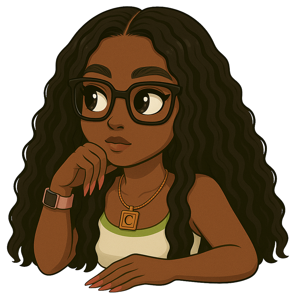 Digital illustration of a young woman with curly dark hair, wearing glasses, a watch, a gold necklace with a pendant, and a light-colored tank top, resting her chin on her hand.