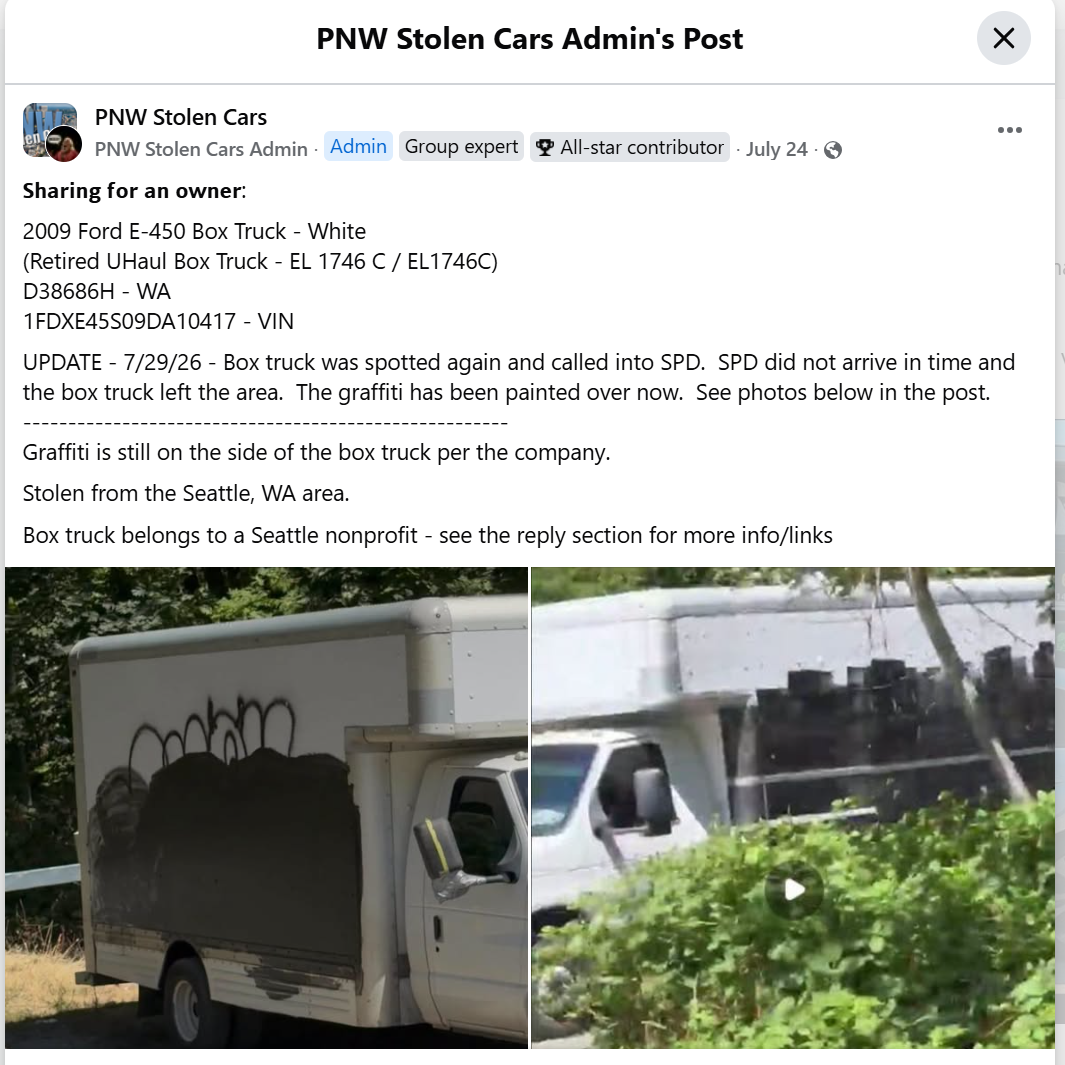 Facebook post from PNW Stolen Cars