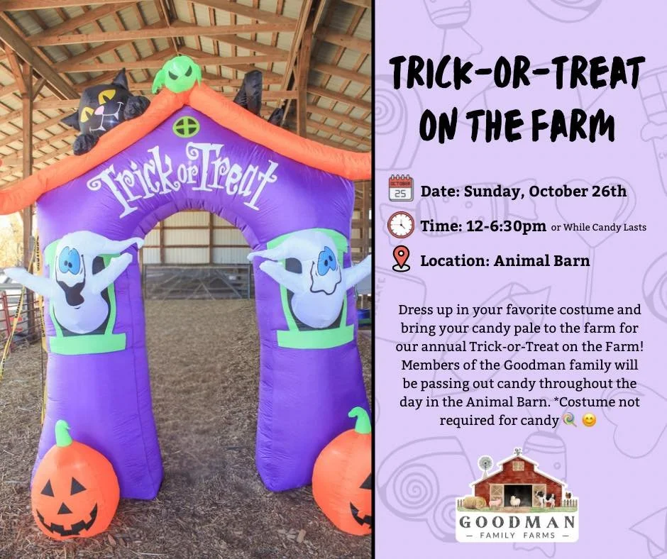 TRICK-OR-TREAT ON THE FARM 🍬 🍭 

Join us on the farm this Sunday, October 26th for our annual Trick-or-Treat on the Farm event! We can&rsquo;t think of a better way to wrap up our fall festival season than with a sugar rush! Dress up in your favori