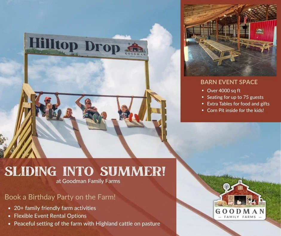 🎉 BIRTHDAY PARTIES ON THE FARM! 🎉

As the school year comes to a close, we are SLIDING INTO SUMMER at the farm! With over 20 fun farm activities, including our GIANT HILL SLIDES, and an incredible Barn Event Space, we know that the farm creates an 
