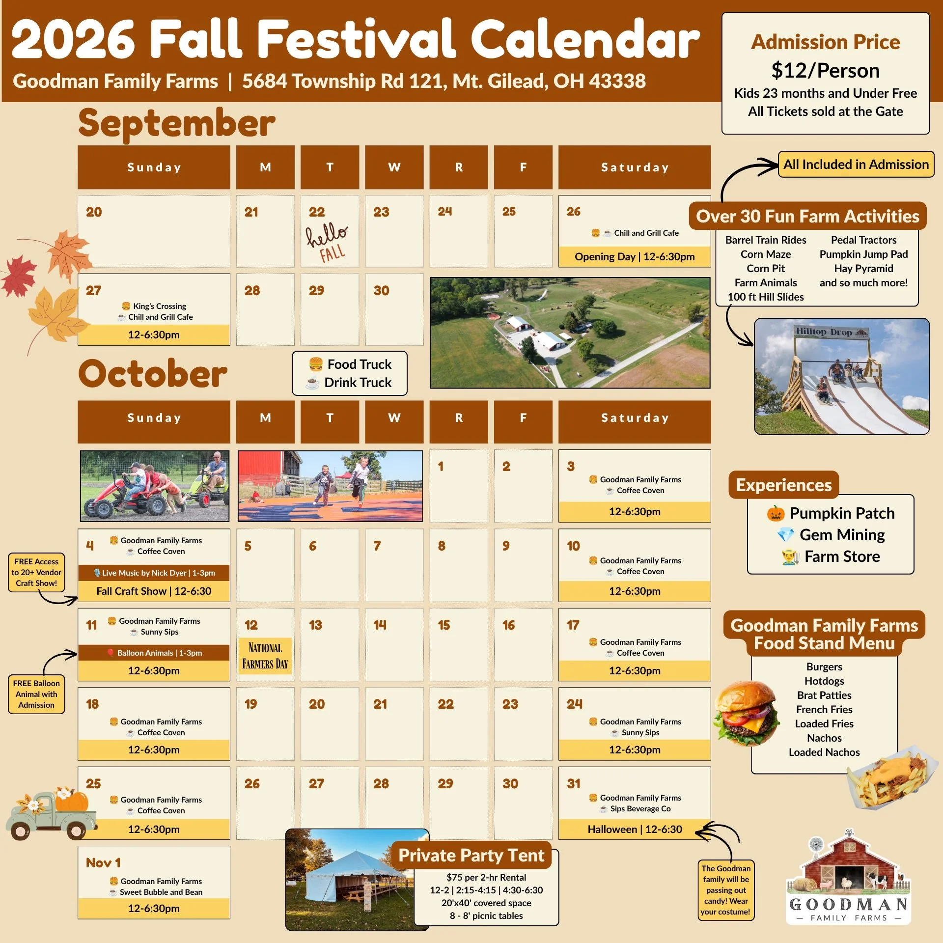2026 FALL FESTIVAL CALENDAR 🍂📅

So many fun things happening on the farm this fall season! You won't want to miss the chance to enjoy Fall on the Farm with us for our 5th Annual Festival! 5️⃣🙌

Here is what you can expect at this year's fall festi