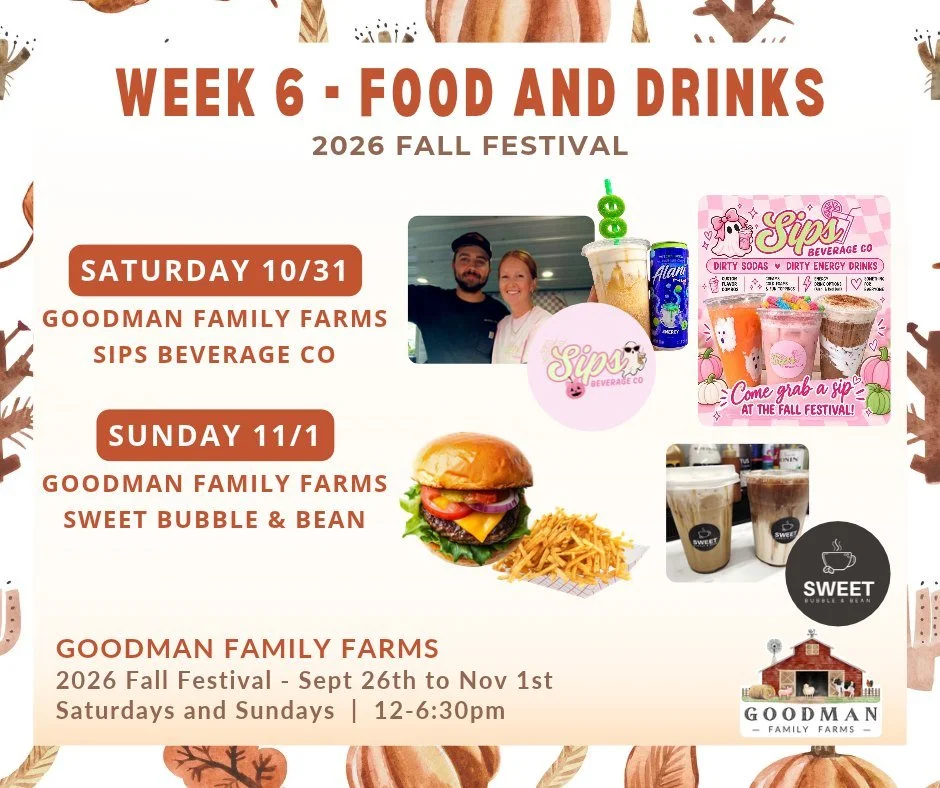 WEEK 6 FALL FESTIVAL - FOOD AND DRINKS 🍔 ☕ 

Another great lineup of food and drink options for our FINAL Weekend of the 2026 Fall Festival! Hope to see you for another beautiful fall weekend on the farm! 👋🫶

Fall on the Farm - Day 11 |  Saturday 