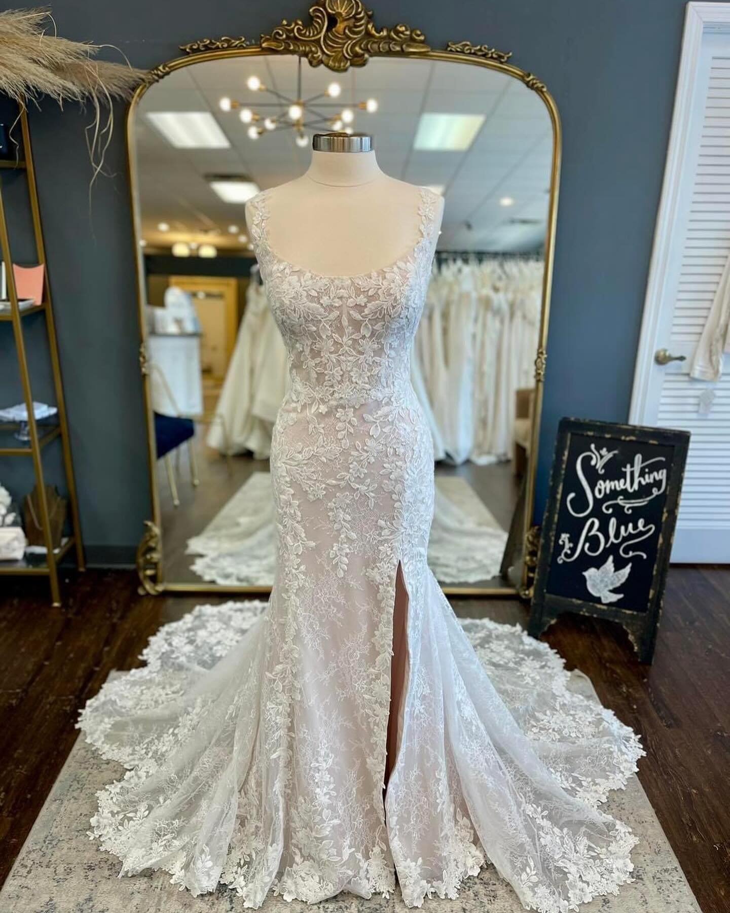 Another brand new beauty just in time for #WeddingGownWednesday! 

This stunning new gown features a scoop neckline, lots of gorgeous sparkling lace and one beautiful train! The slit in the skirt adds the perfect amount of sass! You can try this gown