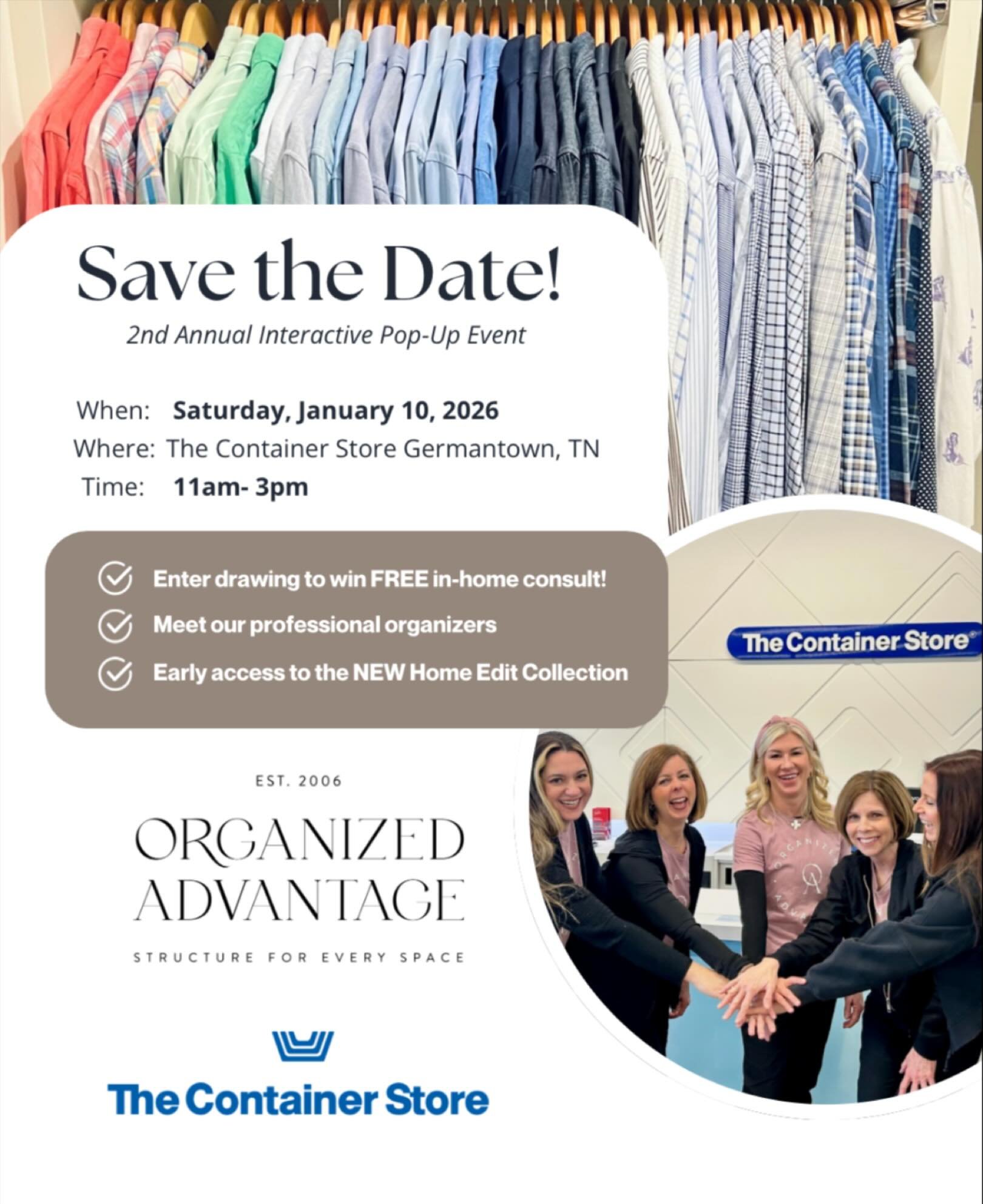 We are at it again!  The Container Store is hosting our 2nd Annual Interactive Pop-Up Event this Saturday, January 10, from 11a-3p.  We will be ready to meet you and give you a chance to enter our drawing to win a FREE in-home organizing consultation