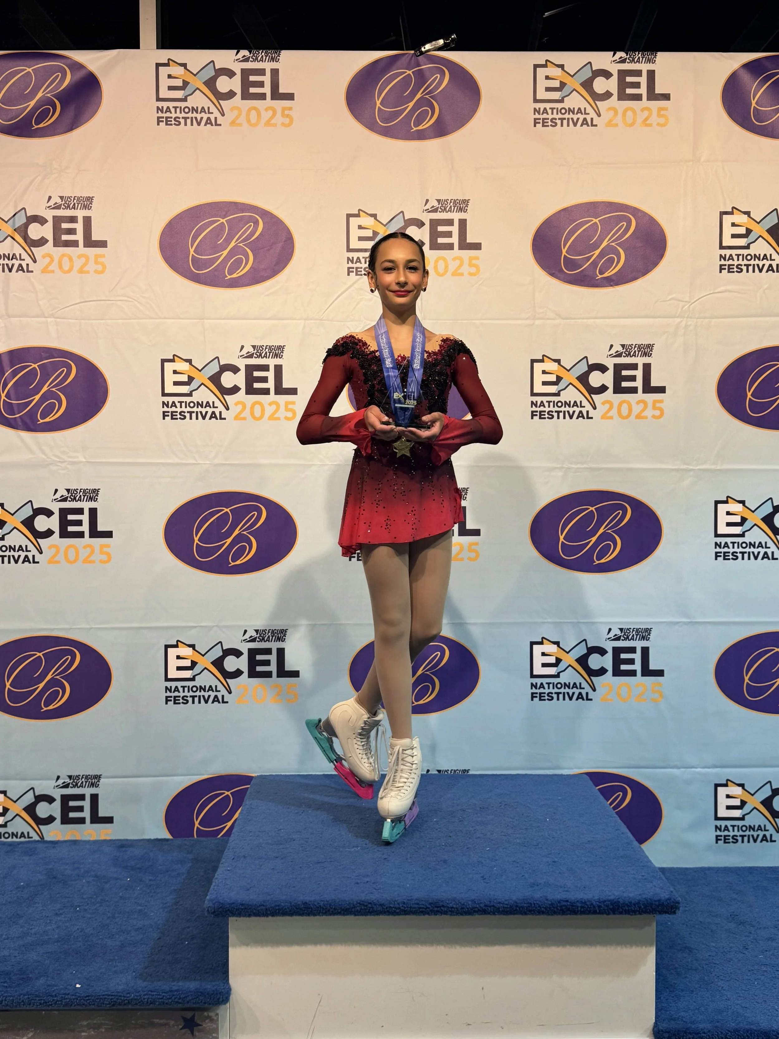 Student, Shea, after performing her Gold Medal performance at the 2025 Excel National Final at the Juvenile Plus level.