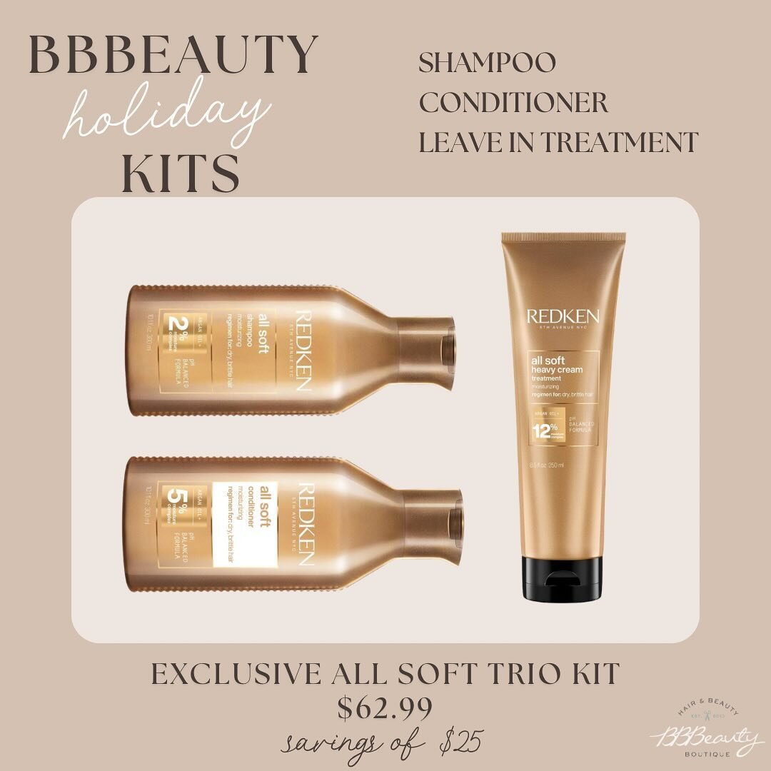 ALL SOFT TRIO 

⭐️ Each Kit purchased gets entered to WIN $250 Visa Gift Cards! 4 winners drawn weekly! ⭐️ 

Get it while they last! 

#holidaysale #holidayscoming #holidaycontest #holidaykits #redken #redkenholidaygiftsets #bbbeautybtq #bradfordhair