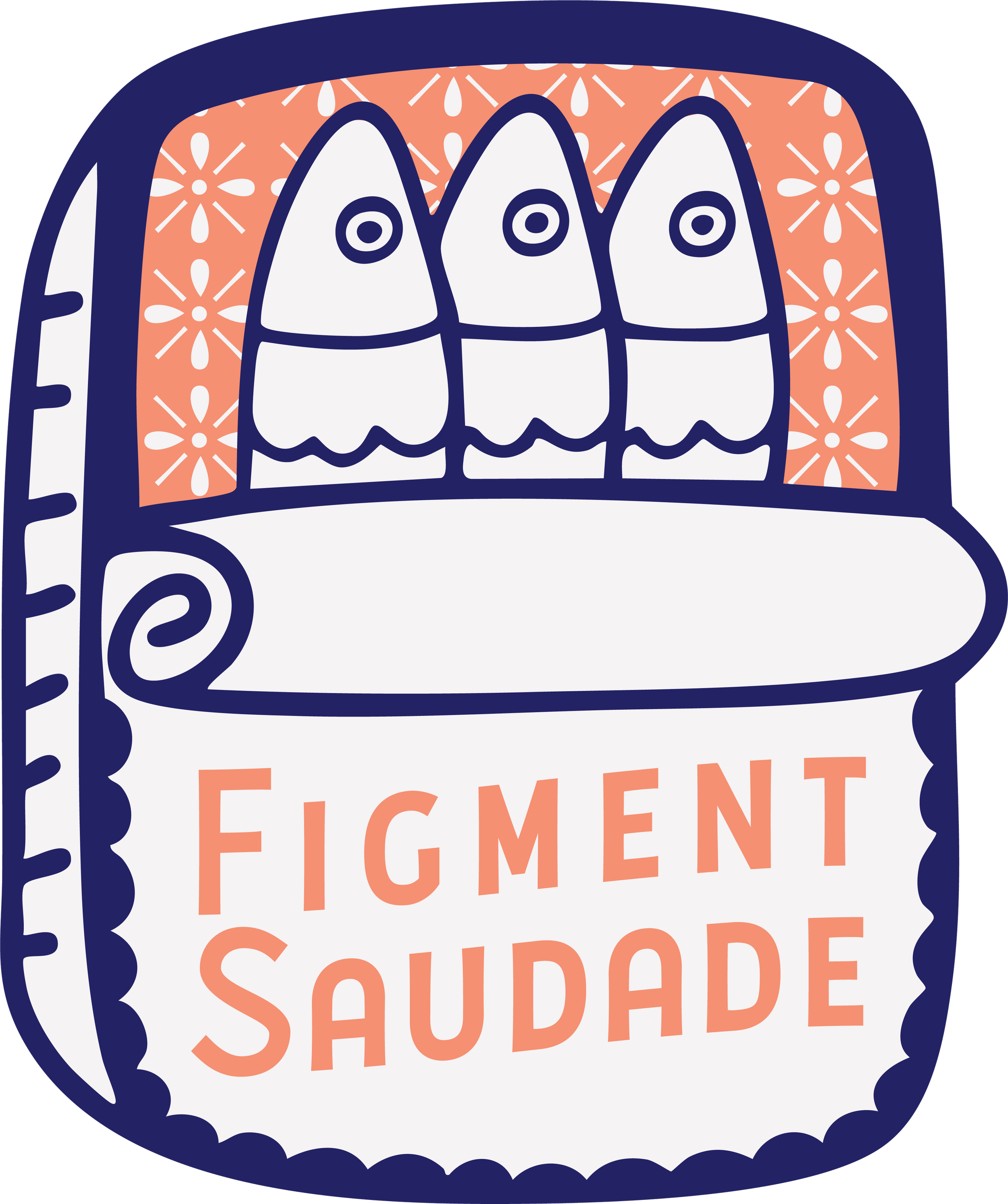 Illustration of three fish in a tin in front of an orange and white floral background, with the text 'Figment Saudade' below.