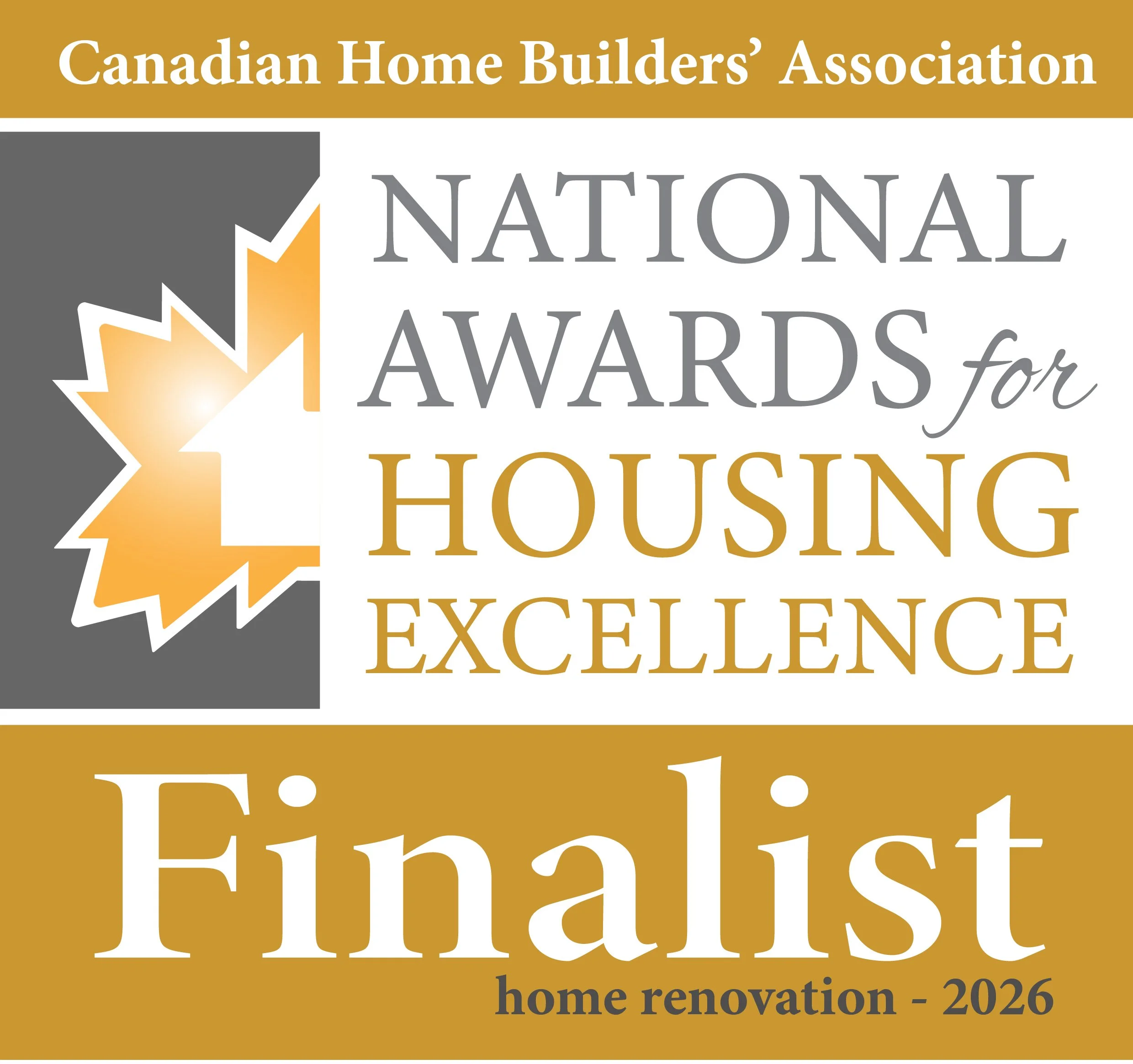 Finalist logo for the Canadian Home Builders' Association National Awards for Housing Excellence, 2026, featuring a stylized leaf with warm colors and award text.