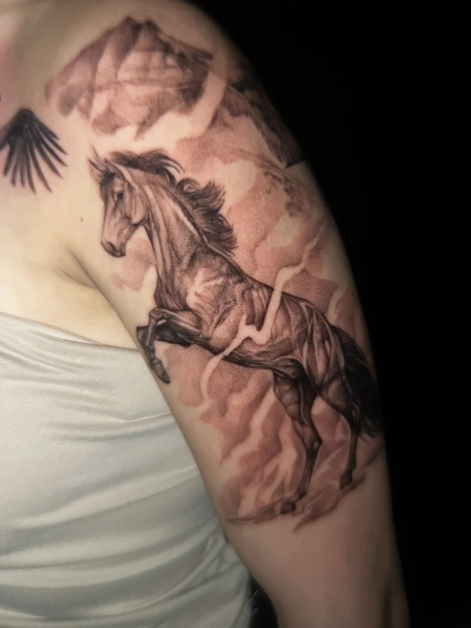 blackwork pointillism stallion done on the arm by sterling gorejus at easy tier tattoo in merrillville indiana