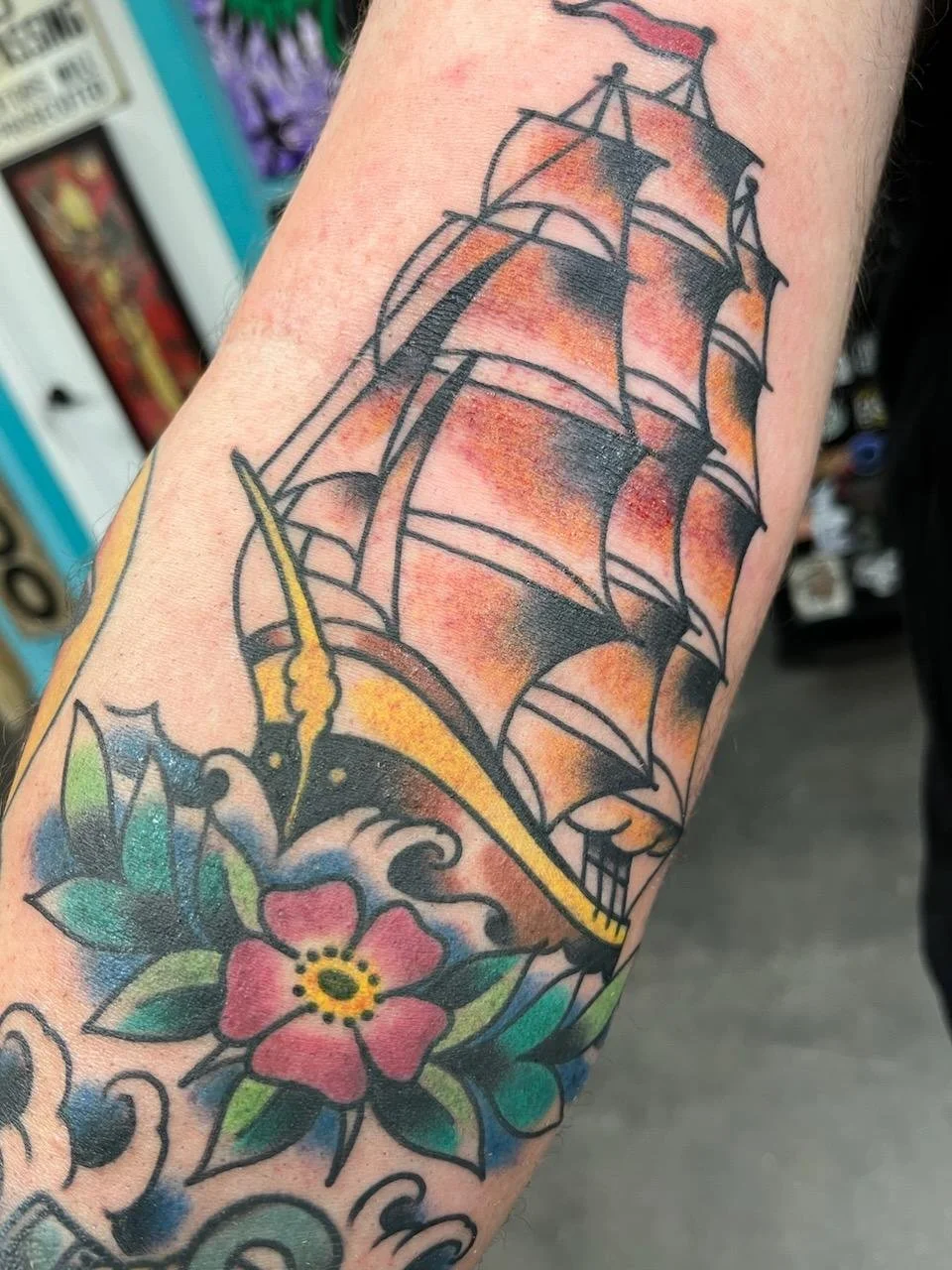 American Traditional Clipper Ship Tattooed by Cody Wallenius at easy tiger tattoo in Merrillville Indiana