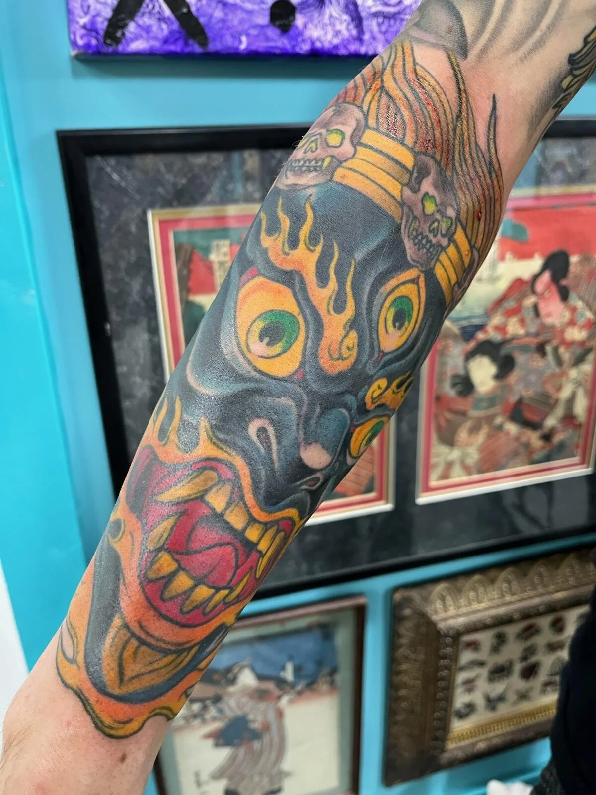 traditional demon face tattoo done by cody wallenius at east tiger tattoo in merrillville indiana