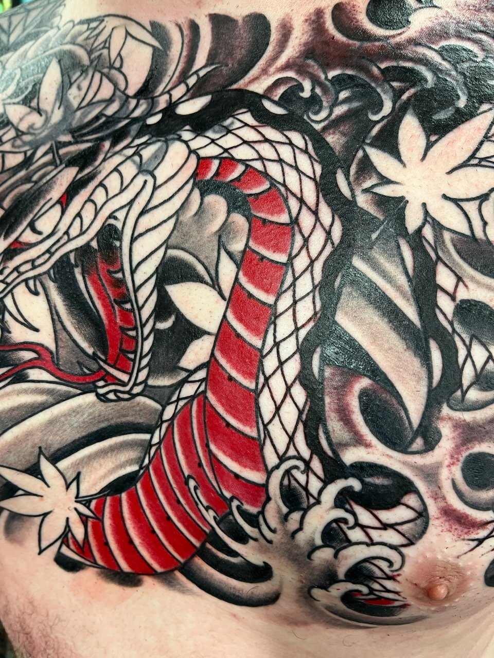 Japanese Black and grey snake chest piece done by Cody Wallenius at Easy Tiger Tattoos In Merrillville Indiana