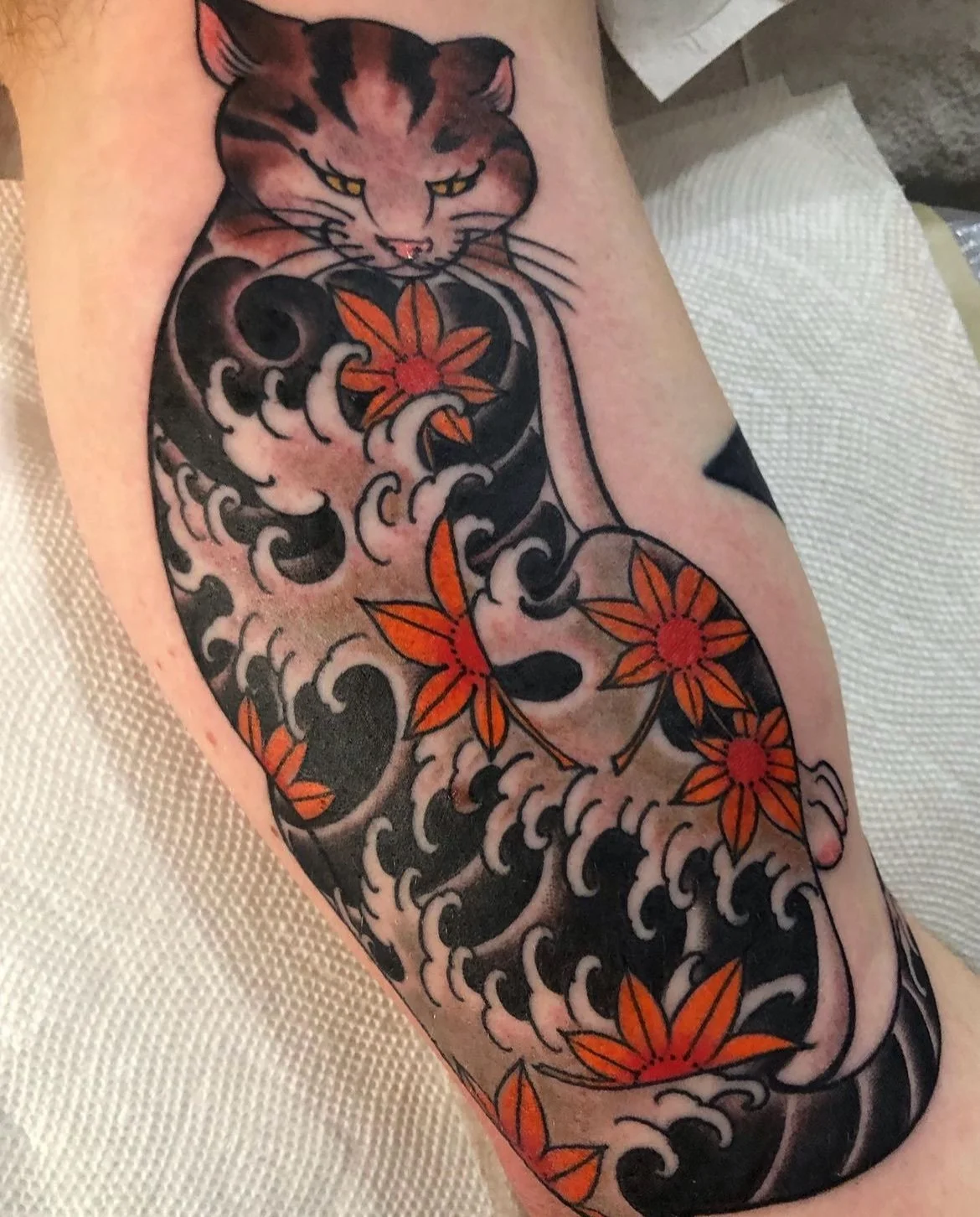 colored traditional japanese tattooed cat tattoo done by cody wallenius at easy tiger tattoo  in merrillvile indiana
