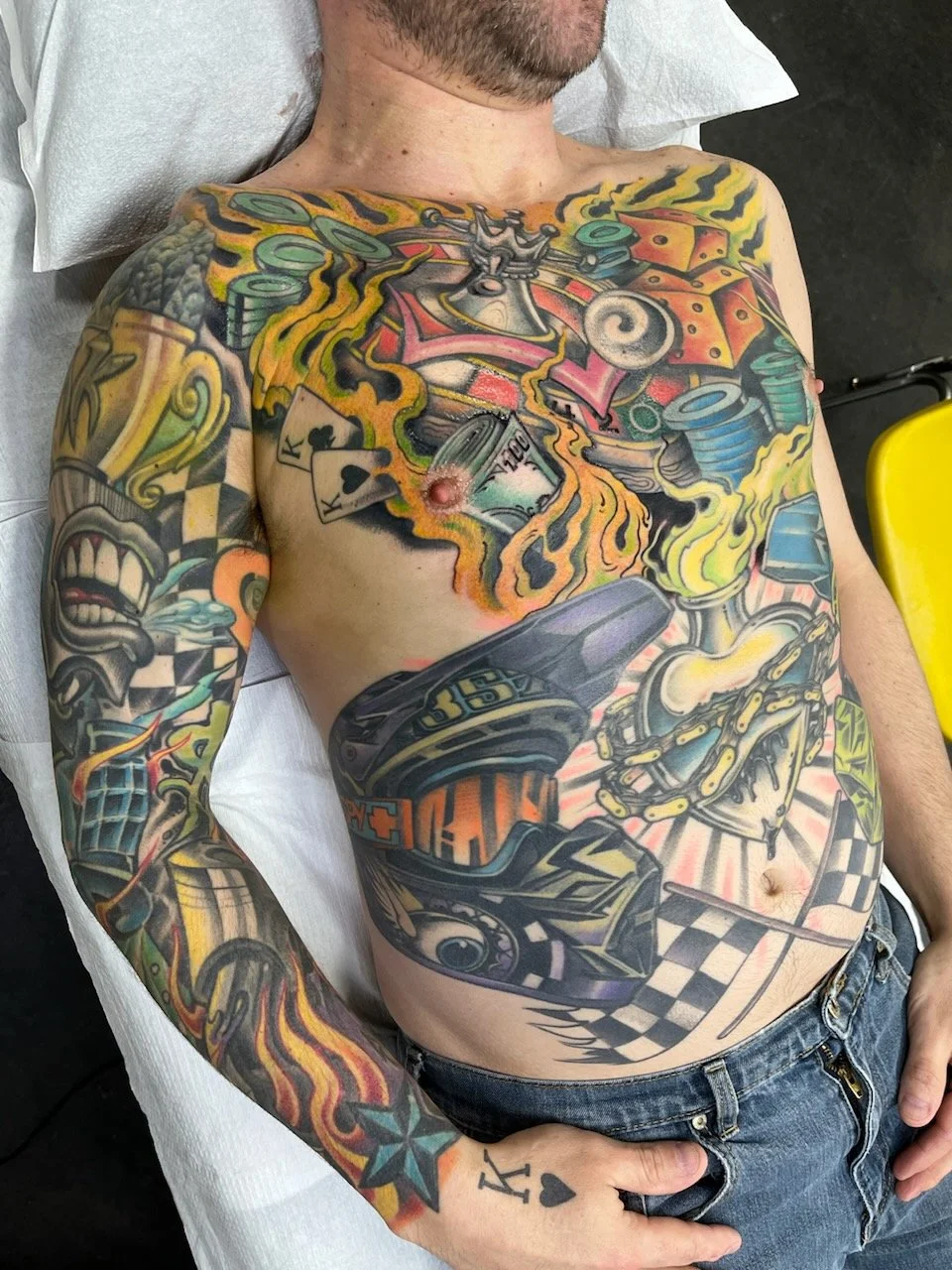 neo traditional colored body suit done by cody wallenius at easy tiger tattoo in merrillville indiana
