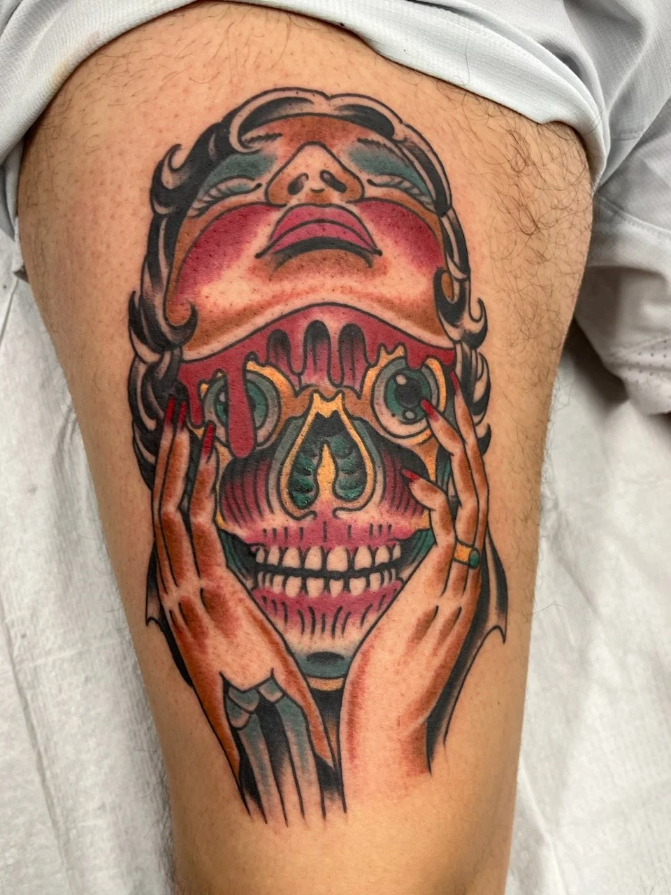 traditional color lady face peel tattoo by cody wallenius at easy tiger tattoo in merrillville indiana.