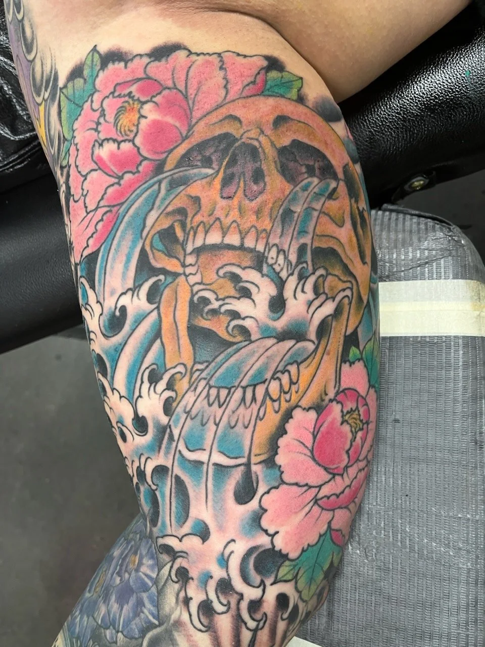 Color Japanese Skull Tattooed by Cody Wallenius at easy tiger tattoo in Merrillville Indiana
