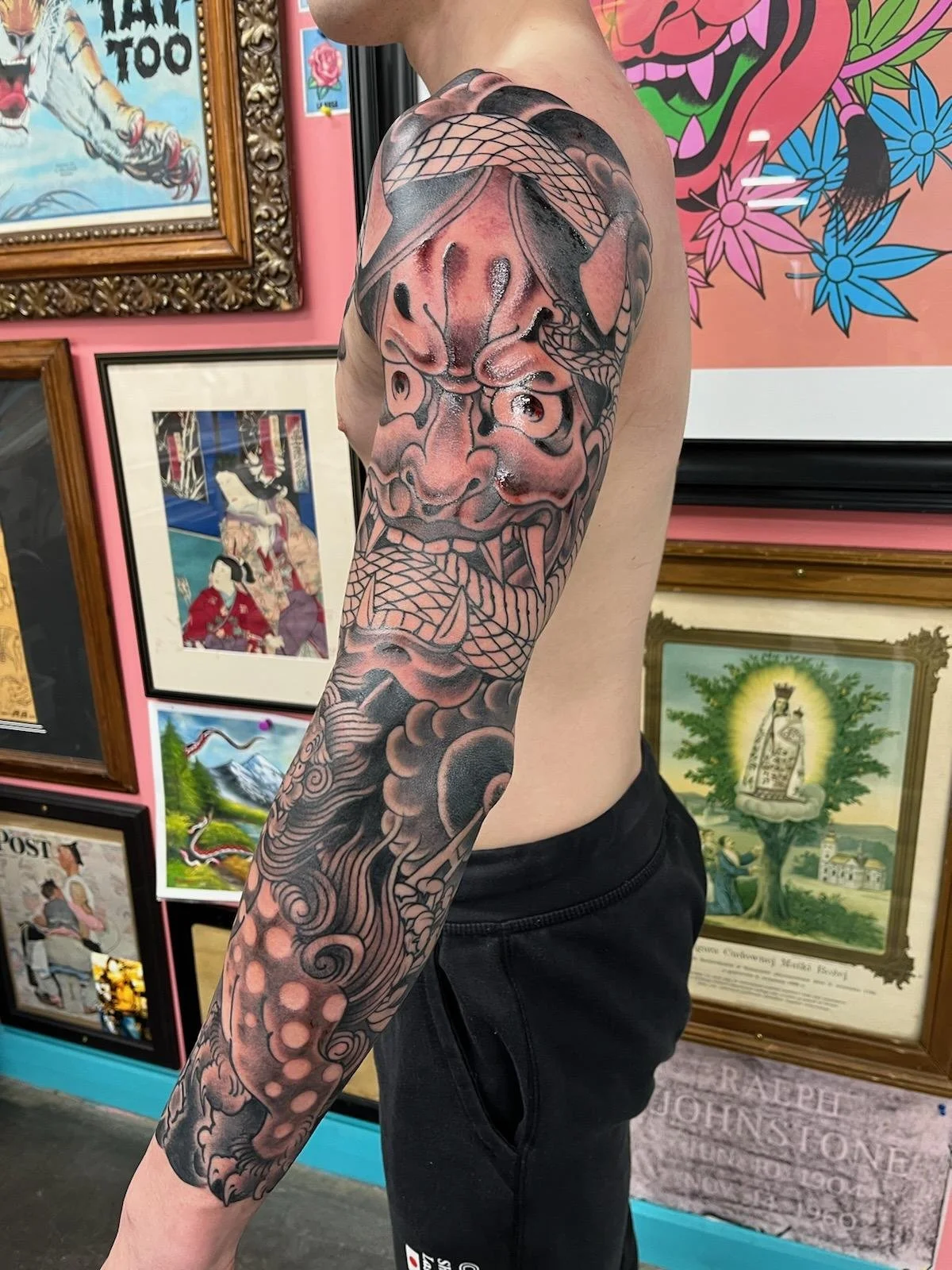 traditional japanese oni sleeve done by cody wallenius at easy tiger tattoo in merrillville indiana
