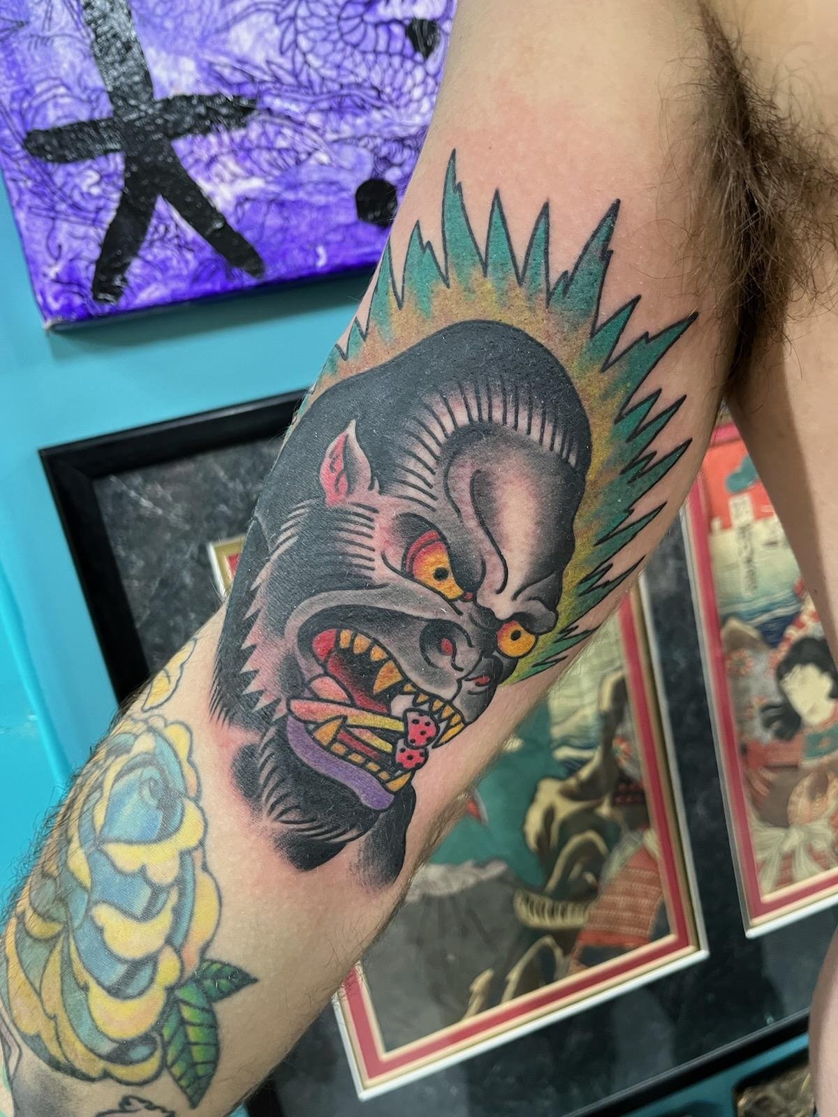 color traditional ape in the inner arm done by cody wallenius at easy tiger tattoo in Merrillville Indiana