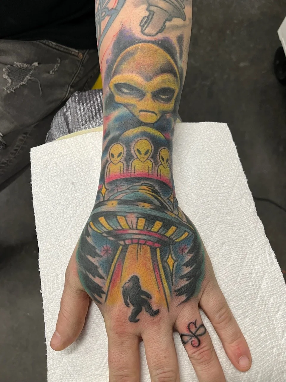 color neo traditional alien ufo bigfoot tattoo done by cody wallenius at easy tiger tattoo in merrillville indiana