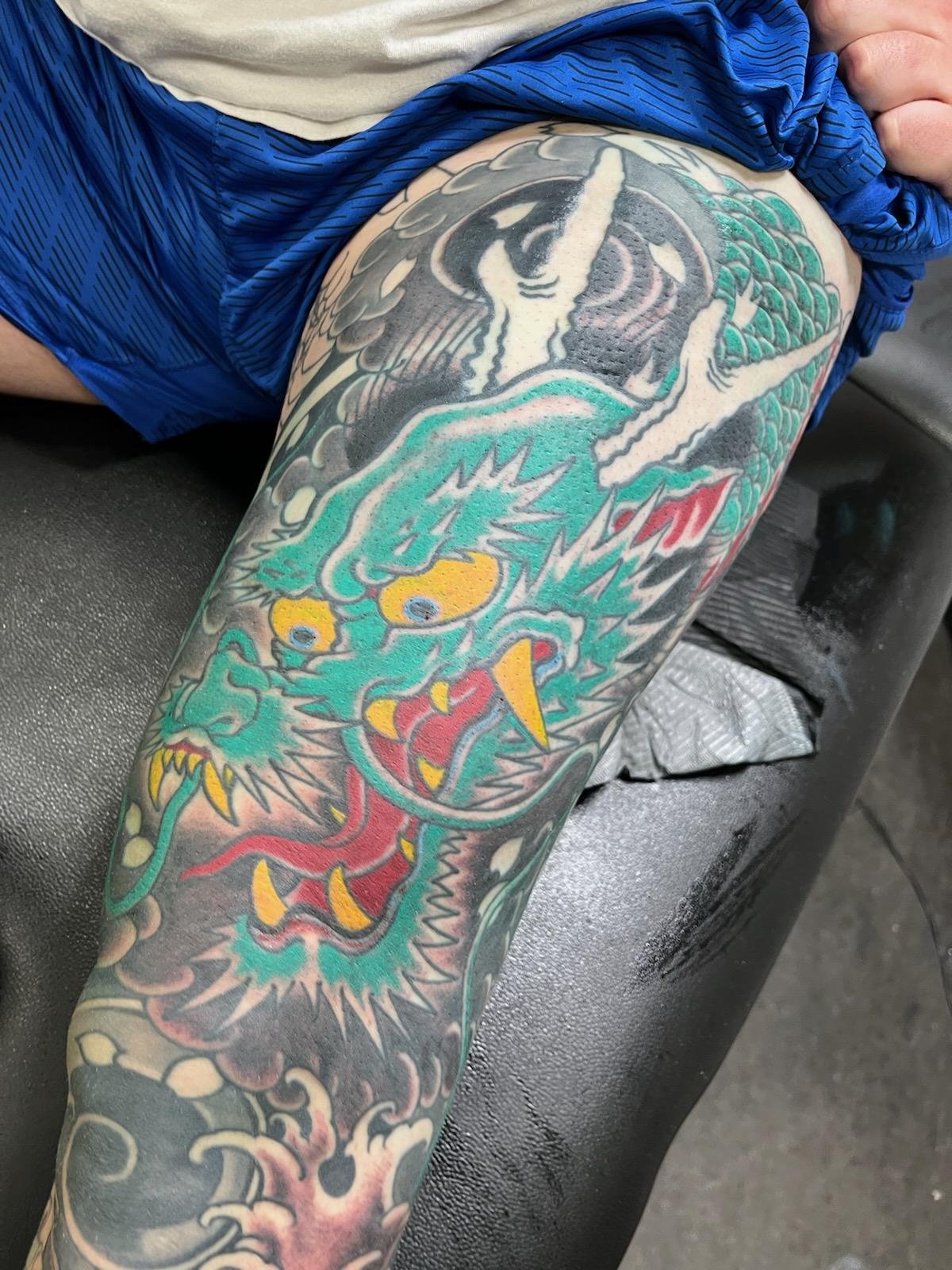 traditional colored dragon tattoo done by cody wallenius at easy tiger tattoo in merrillville indiana
