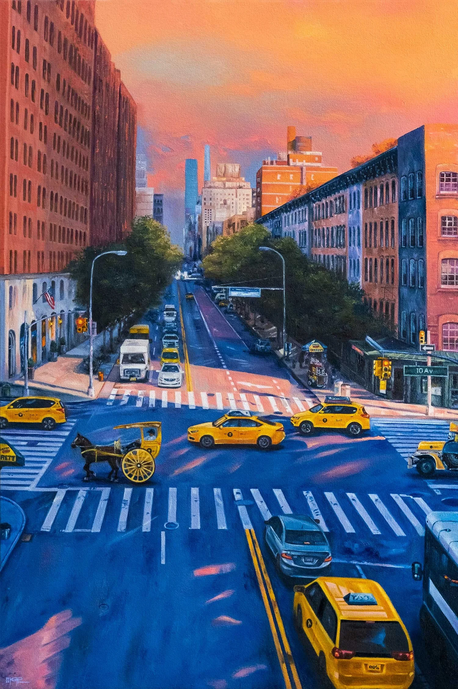 Colorful artwork depicting a New York street scene blending Filipino cultural elements, including a kalesa and jeepney, under a vivid sunset with warm golden light and cool-toned blue and purple shadows.