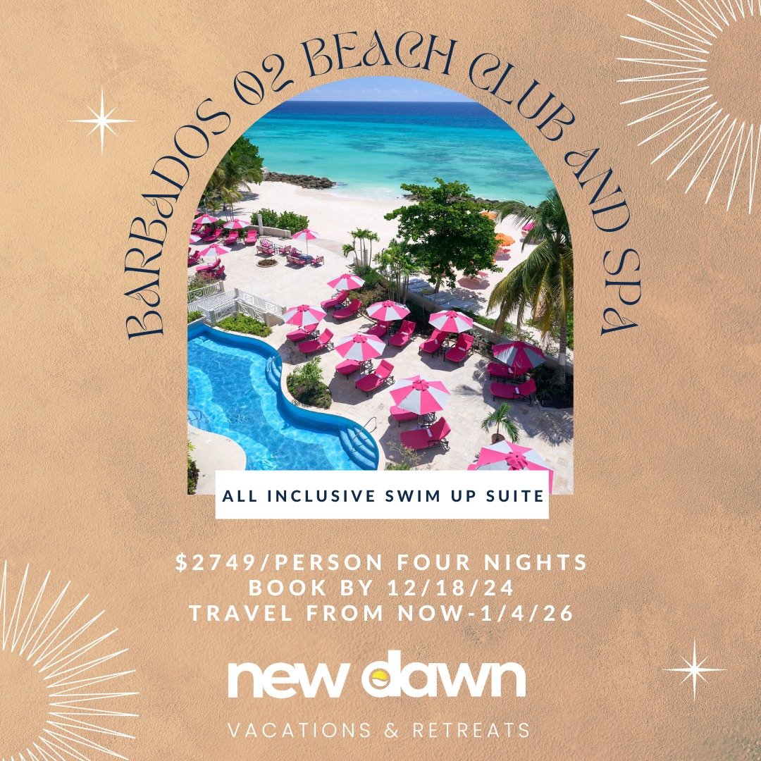 ✨ Black Friday Savings! Enjoy this awesome swim up suite ‼️

O2 Beach Club and Spa, Barbados

➡Resort Highlights:
-onsite spa
-attentive staff
-3 outdoor pools
-2 swim up bars
-4 onsite restaurants
-free grocery service

🖤 Book now to take part in t