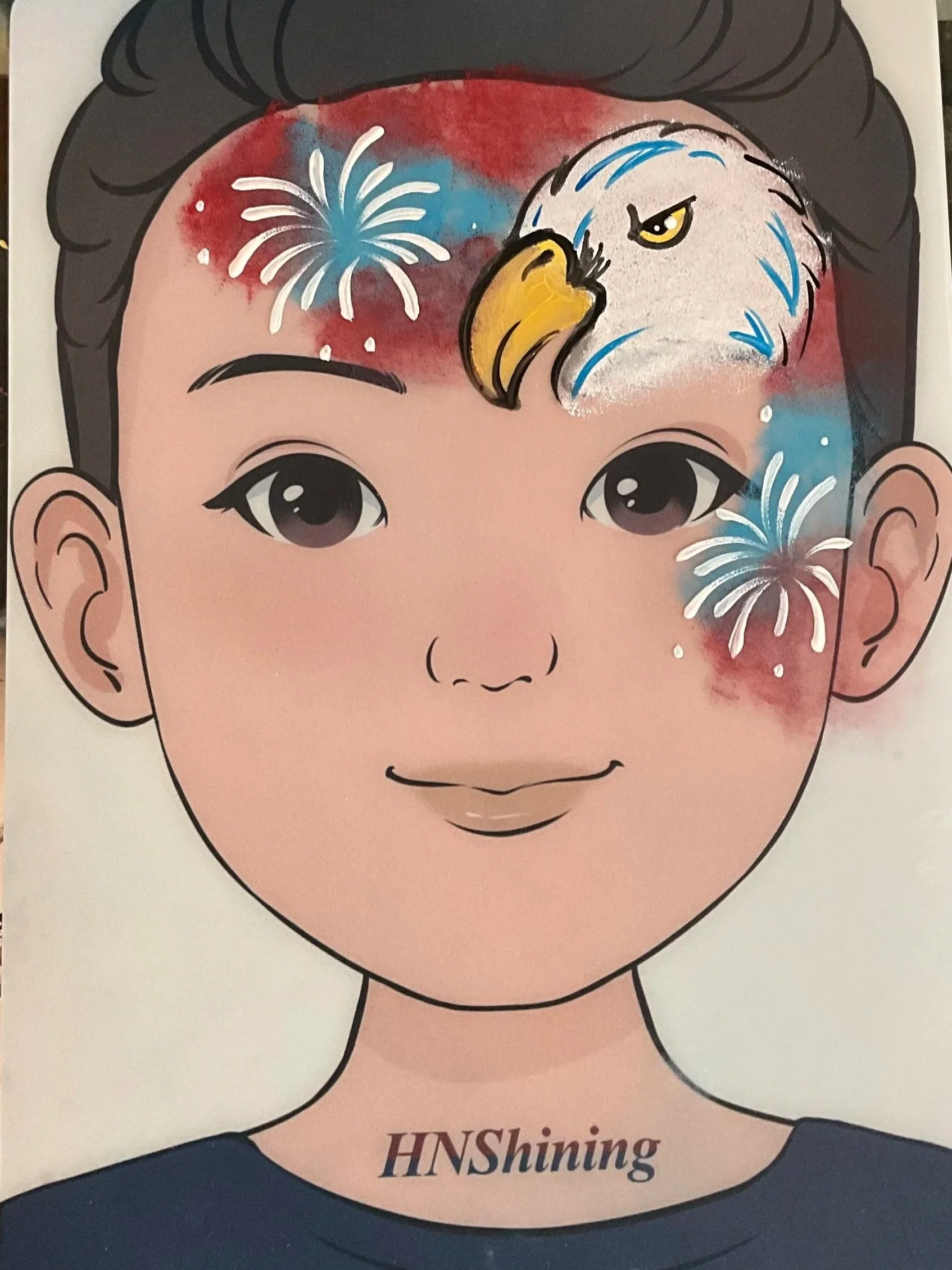 Updated anime-style illustration of a young person's face with blue fireworks design on the forehead and around the eyes, and the text 'HNShining' on the neck.