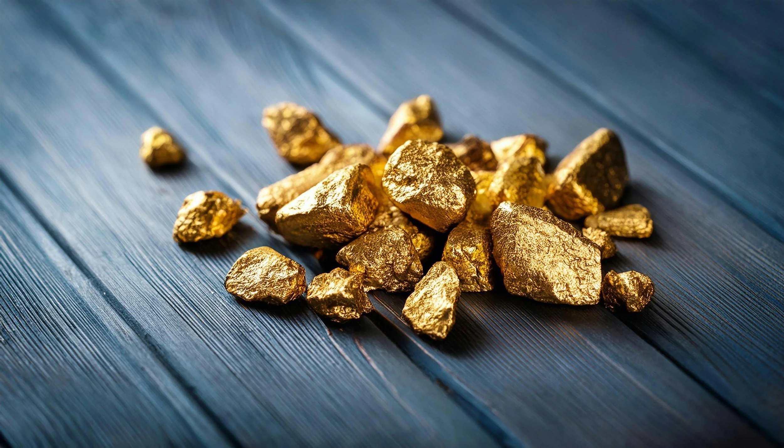 Golden nuggets scattered on a dark wooden surface.