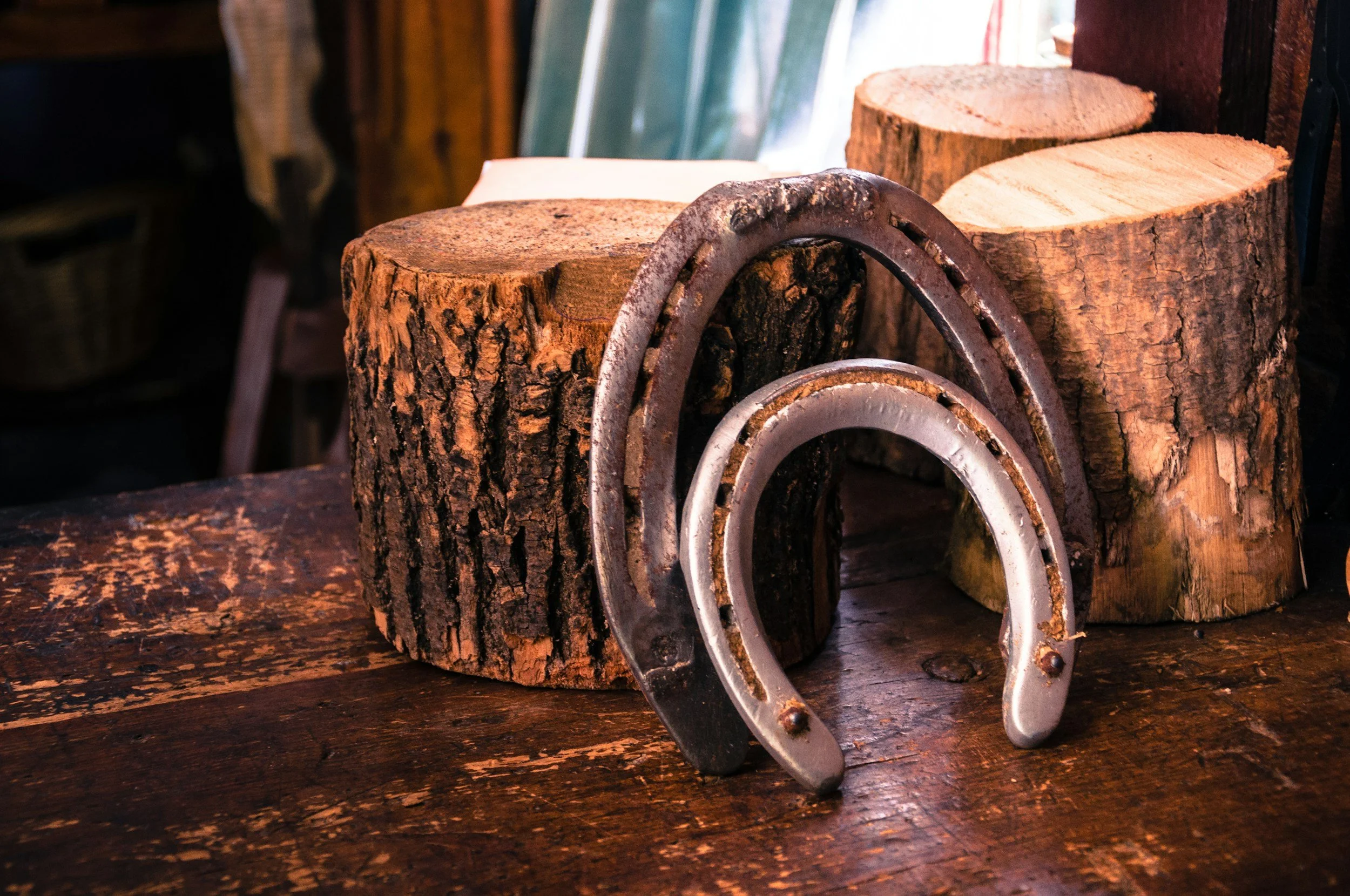 Close-up of a setting of rustic wood logs with a horseshoe and metal stirrup placed on a wooden surface.