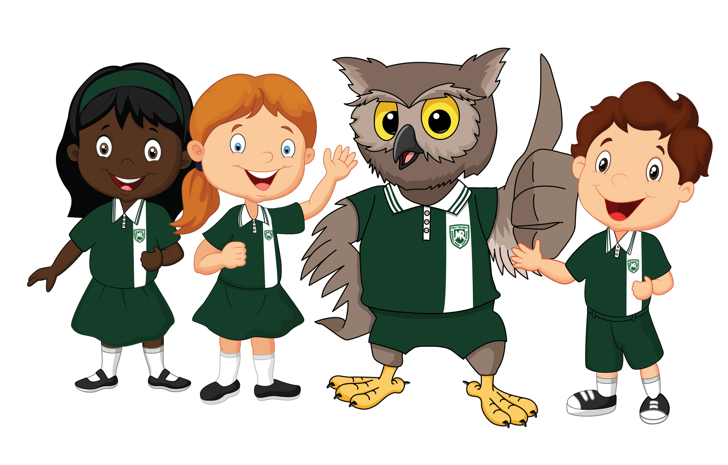 Four children in school uniforms standing with a large cartoon owl mascot.