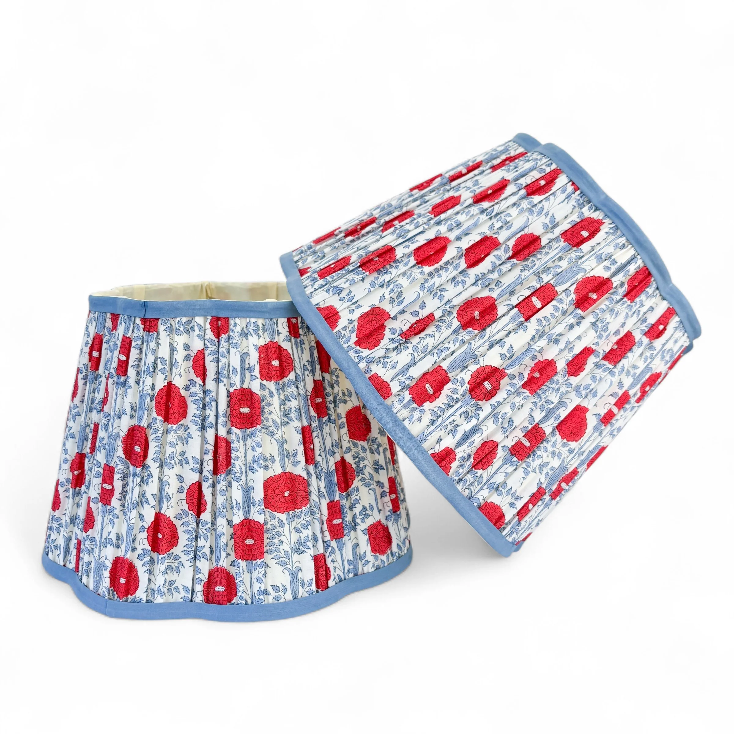 Pleated Floral Scalloped Lampshade in Red, Blue & Ivory | English Country Style