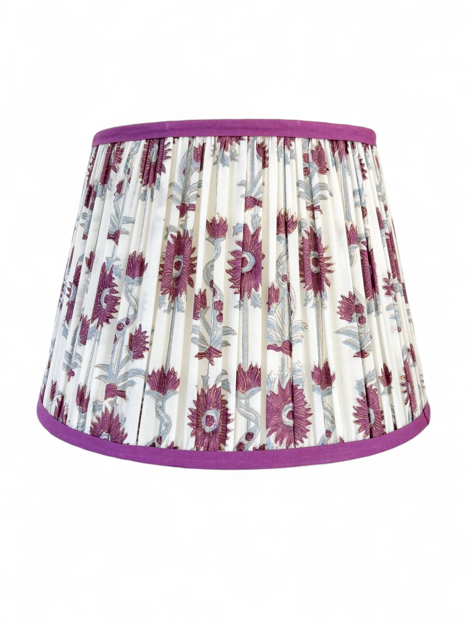 Traditional Purple Floral Pleated Lampshade featuring gathered floral fabric and tailored trim.
