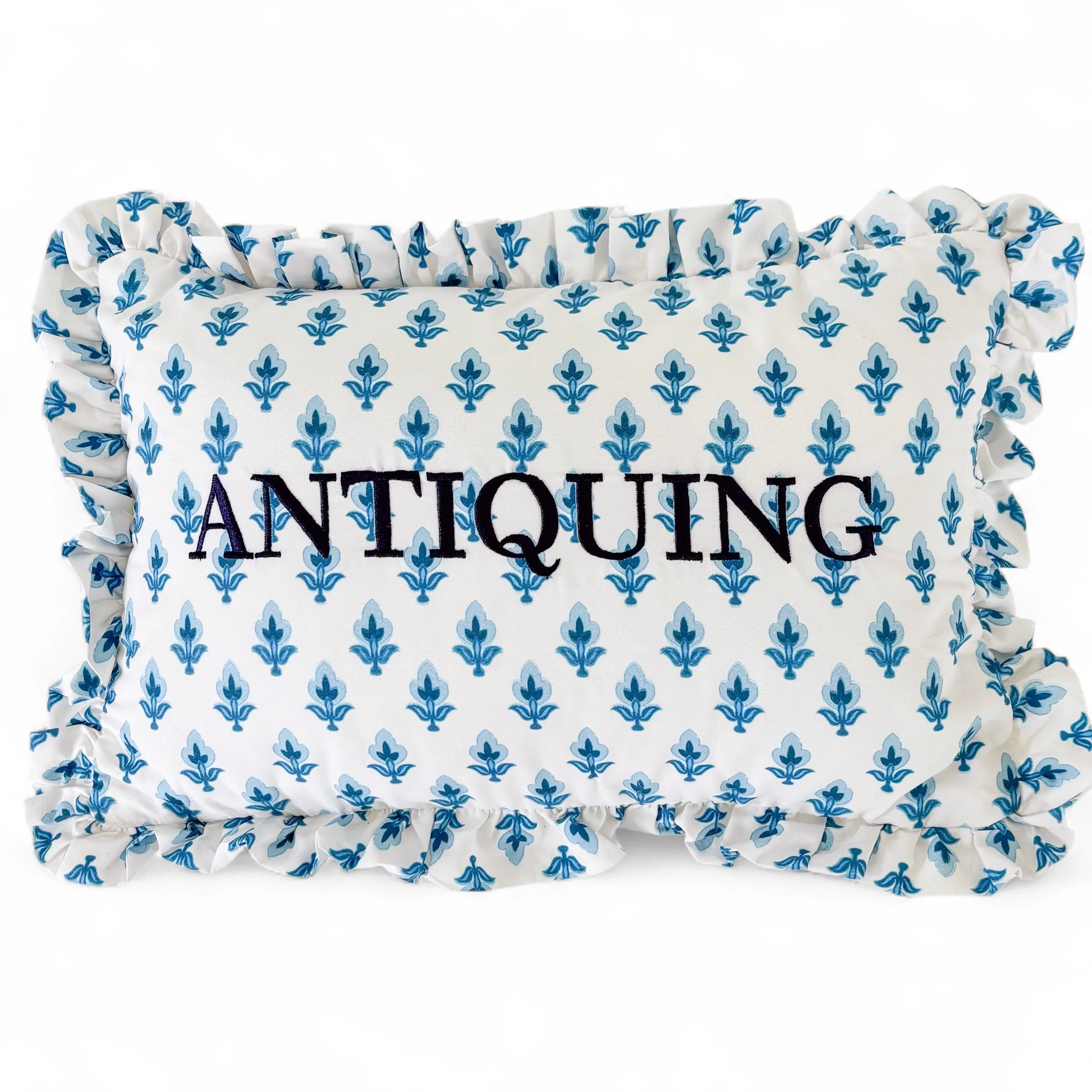Antiquing Hand Embroidered Blue Ruffle Floral Throw Pillow