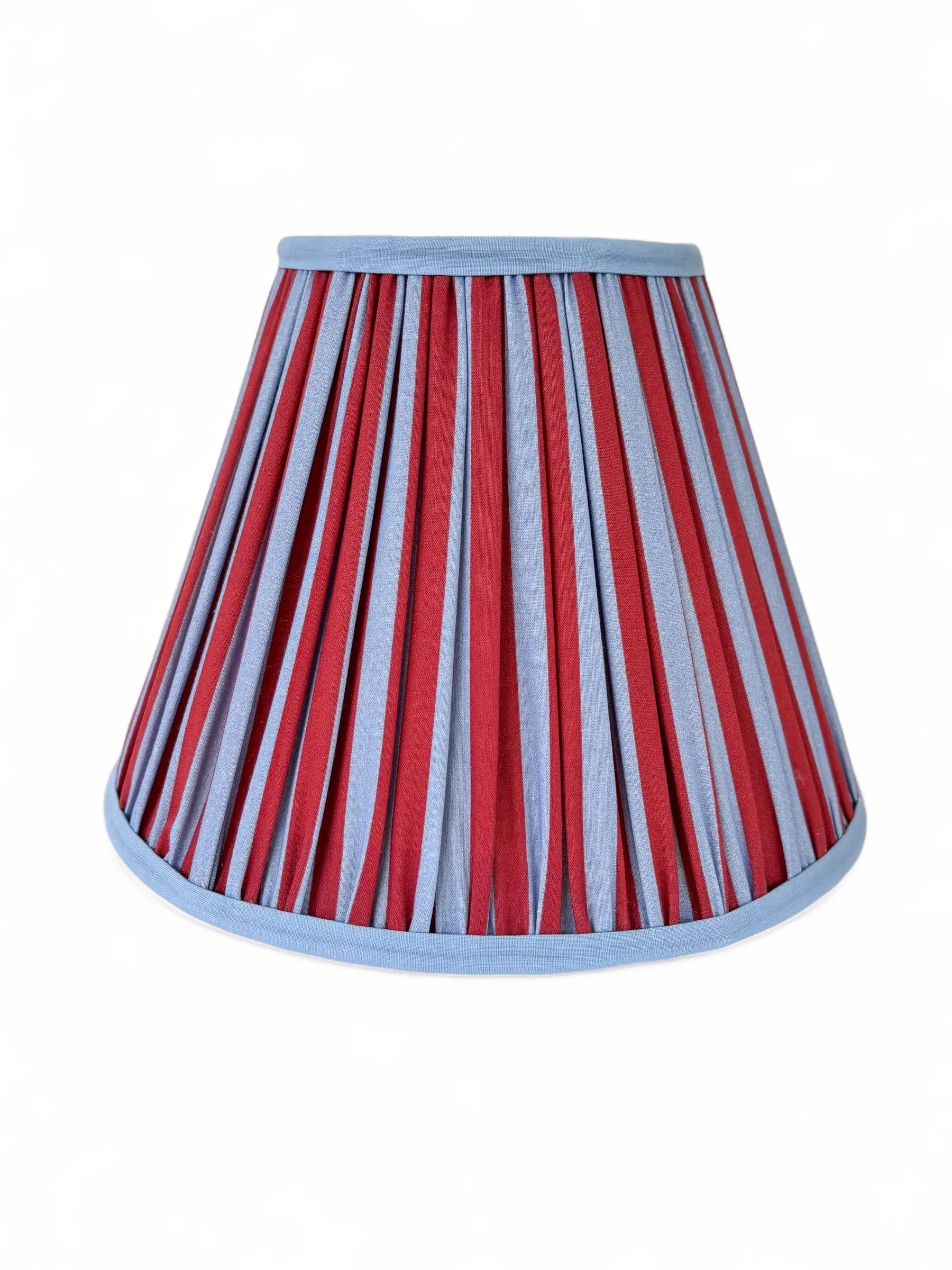 Red and Blue Pleated Lampshade with traditional empire silhouette and light blue trim.