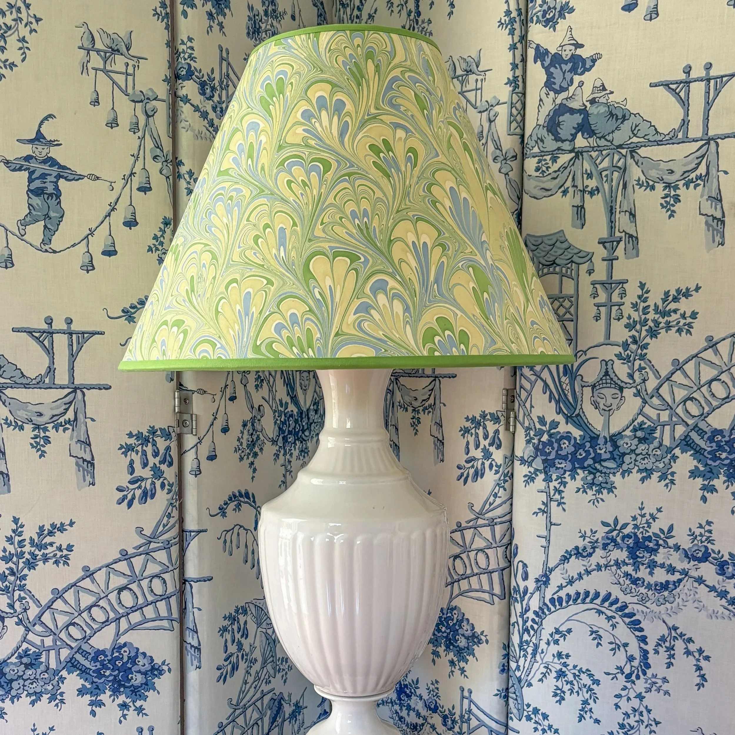 Pair of Green Empire Lampshades featuring blue and cream marbled paper