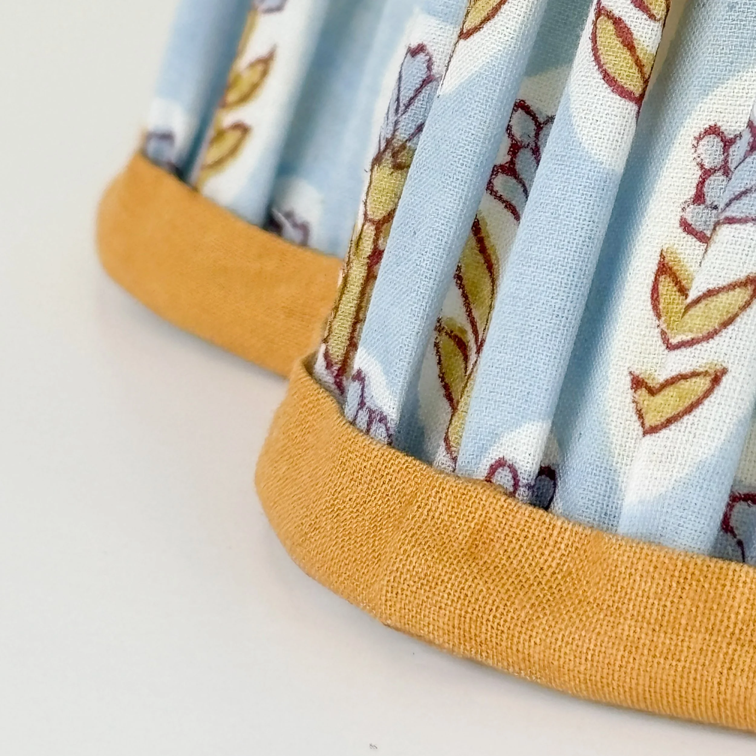 Traditional floral lampshade with blue fabric and contrasting yellow binding
