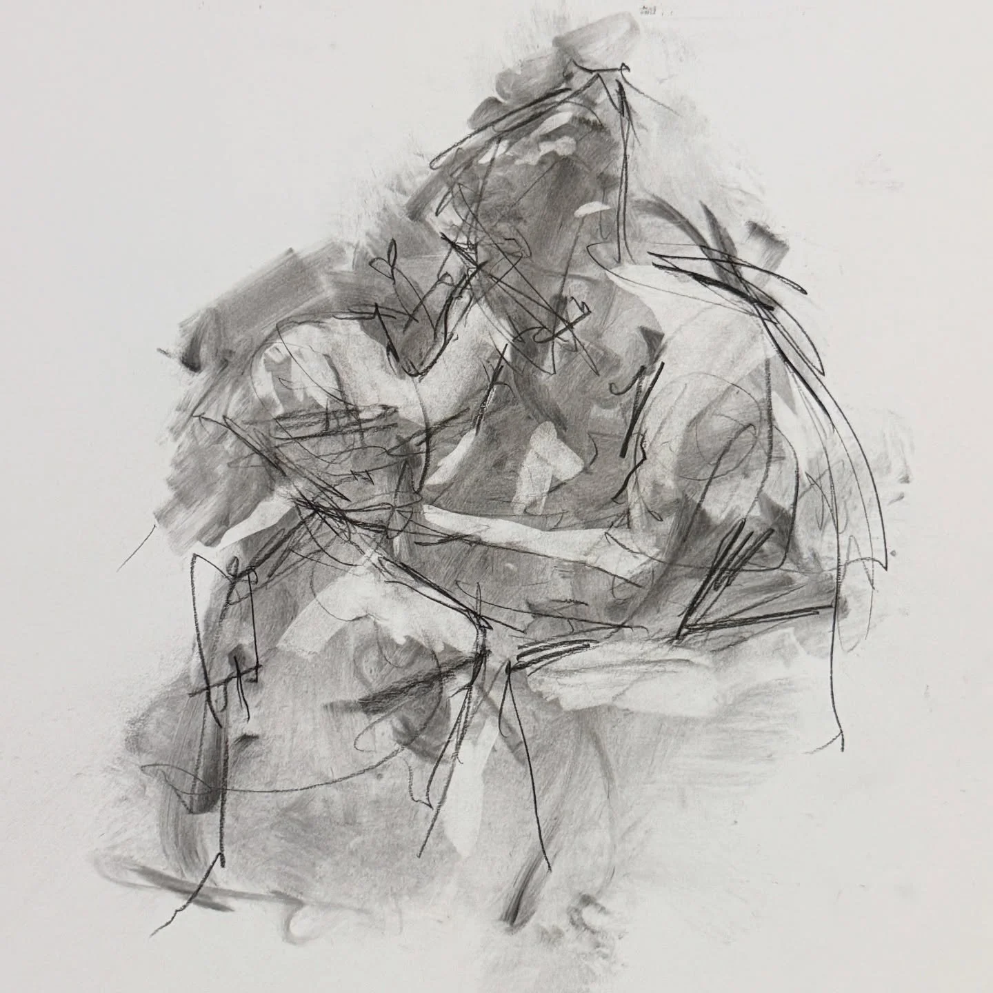 A foggy mind
in a glowing setting

Drawing 2 models from life
with the timer running

A brain that doesn&rsquo;t want to soften
so we have to go wide
skirt along the edges
stay until the end

Two drawings I was happy with
out of all the fumbling

(Bu