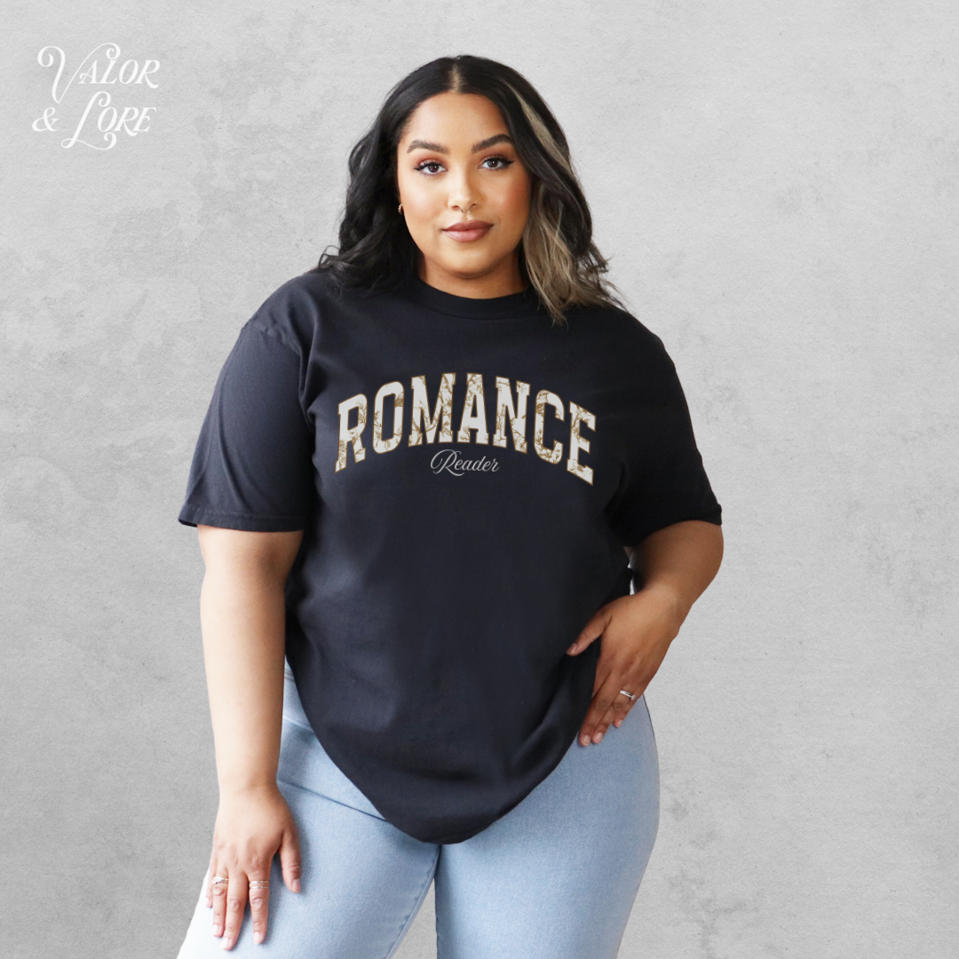 Romance Reader - black tee - valor & lore.png