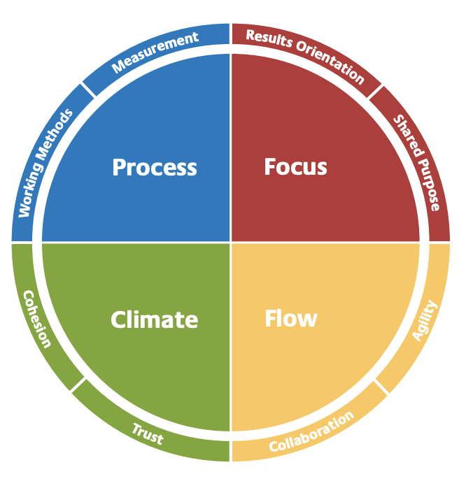 A circular diagram divided into four quadrants labeled Process, Focus, Climate, and Flow. Each quadrant contains related concepts: Process includes Working Methods and Measurement; Focus includes Results Orientation and Shared Purpose; Climate includes Cohesion and Trust; Flow includes Agility and Collaboration.