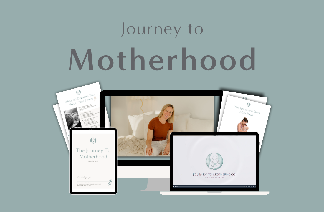 Journey to Motherhood online birth preparation course displayed across a desktop computer, laptop, tablet and downloadable resources.