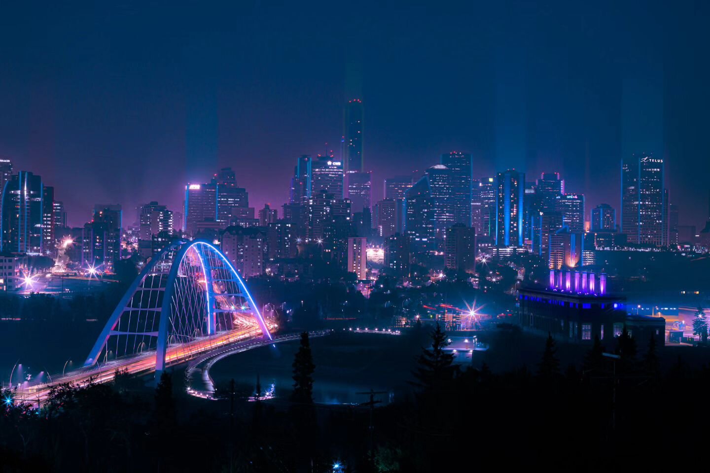 Brand new image of #yeg #edmonton! I wanted to take advantage of the smoke we've been having to create a futuristic cyberpunky-vaporwavey kind of look for the city. What do y'all think?

You can get prints of these RIGHT NOW! Exclusively at @kdaysyeg