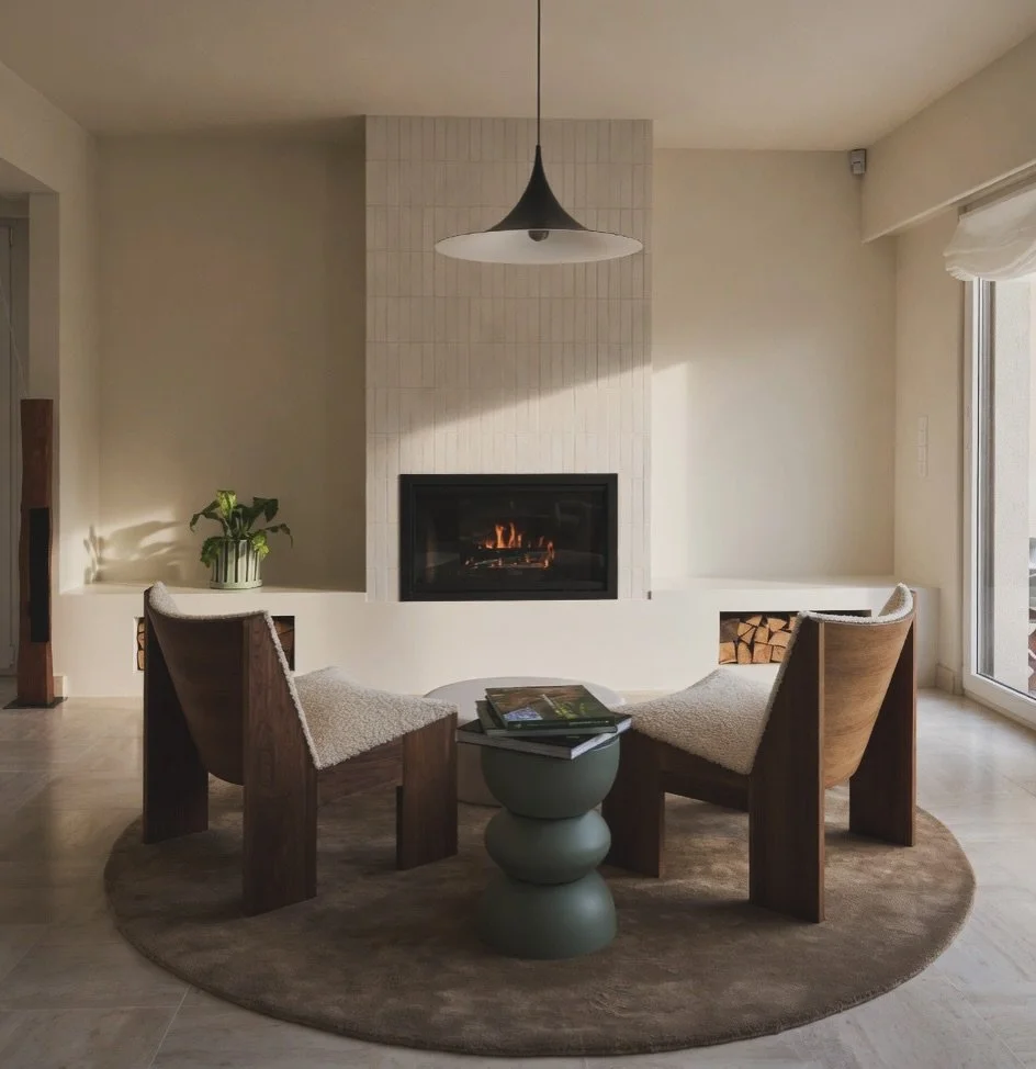 A curved sofa. Two chairs facing a fire. A linen curtain catching the light.
This is the living room at Val &mdash; a private residence in Luxembourg, nearly complete. The brief was warmth without weight: a space that feels grounded, quiet, and genui